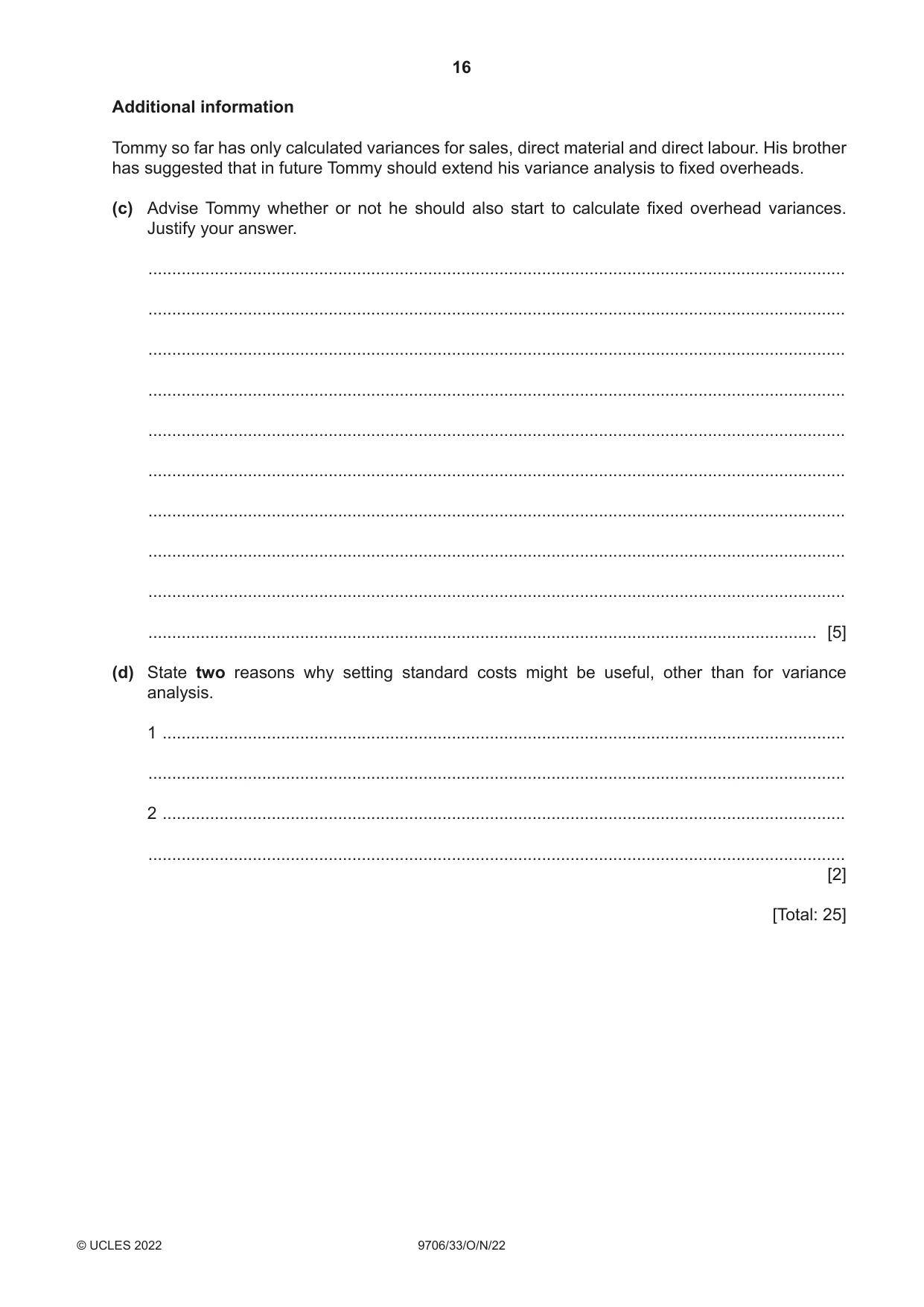 Cambridge A Level Accounting 9706 2022 Oct/Nov Paper 3 · Variant 3 question paper, page 16 of 20
