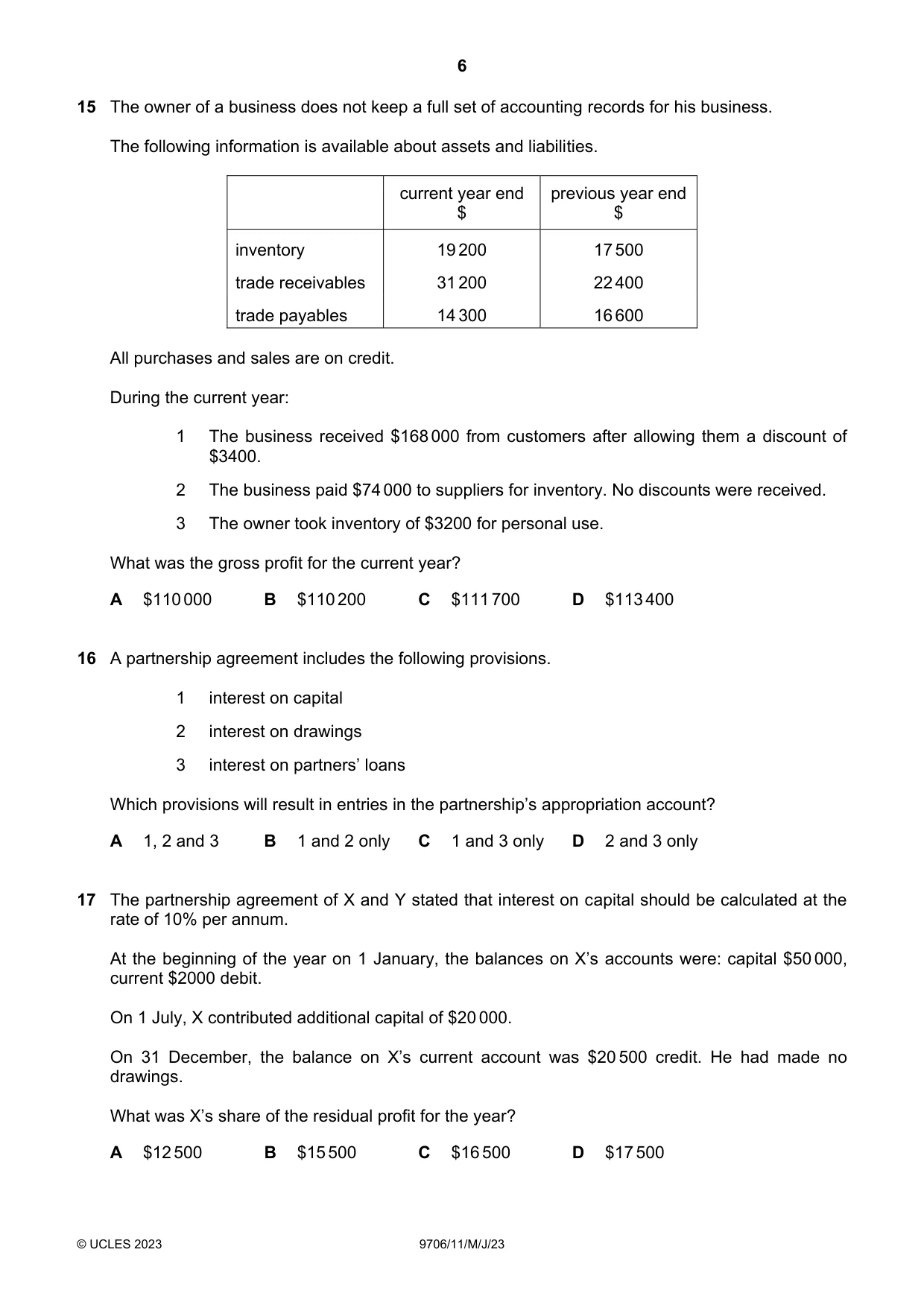 Cambridge A Level Accounting 9706 2023 May/June Paper 1 · Variant 1 question paper, page 6 of 12