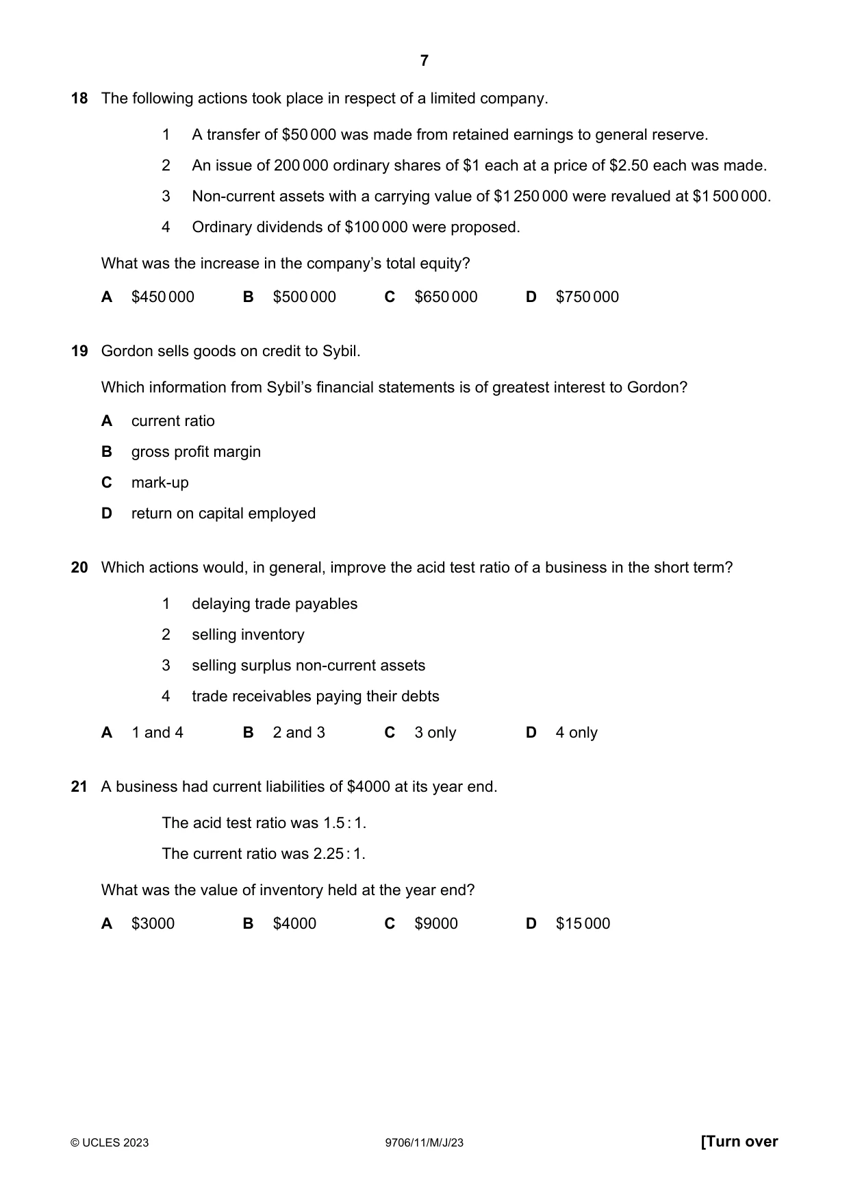 Cambridge A Level Accounting 9706 2023 May/June Paper 1 · Variant 1 question paper, page 7 of 12