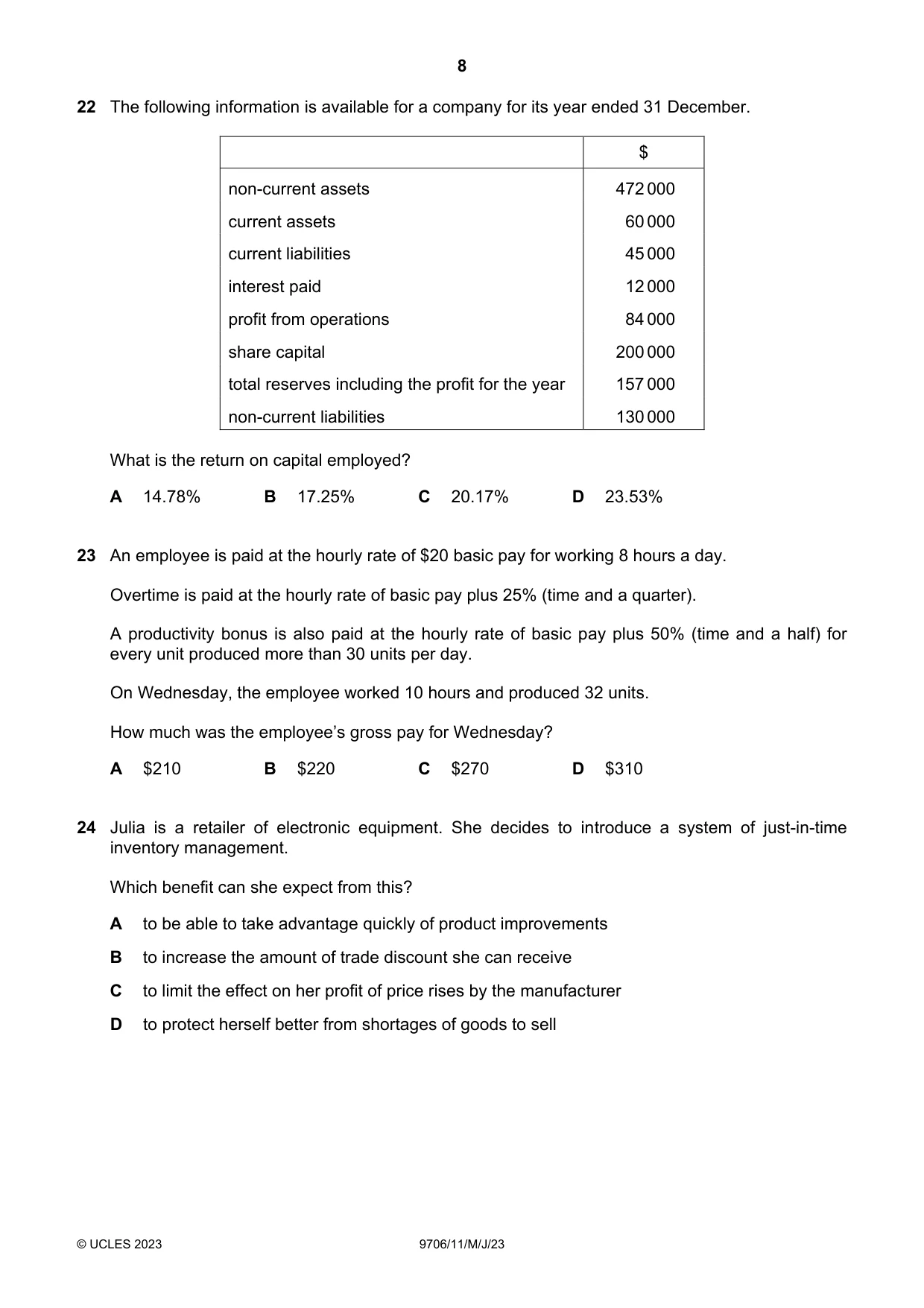 Cambridge A Level Accounting 9706 2023 May/June Paper 1 · Variant 1 question paper, page 8 of 12