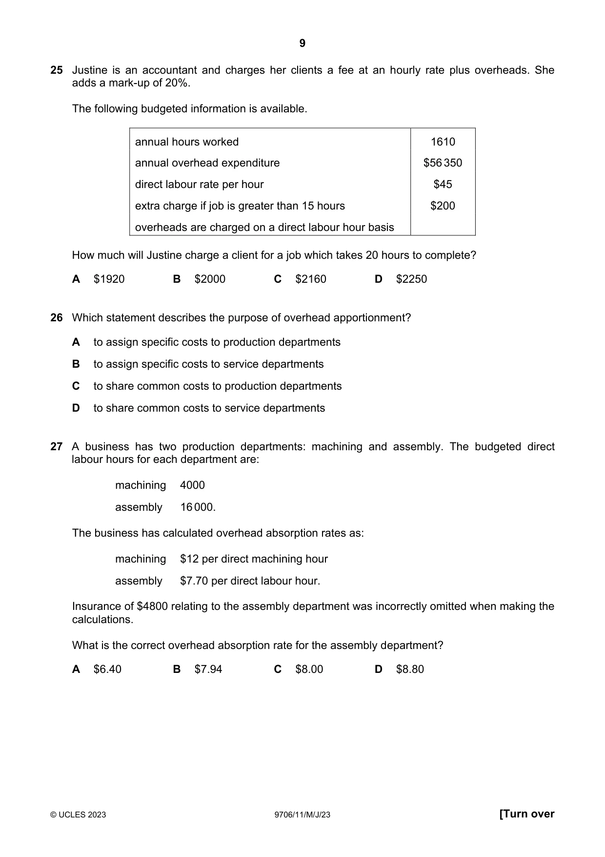 Cambridge A Level Accounting 9706 2023 May/June Paper 1 · Variant 1 question paper, page 9 of 12