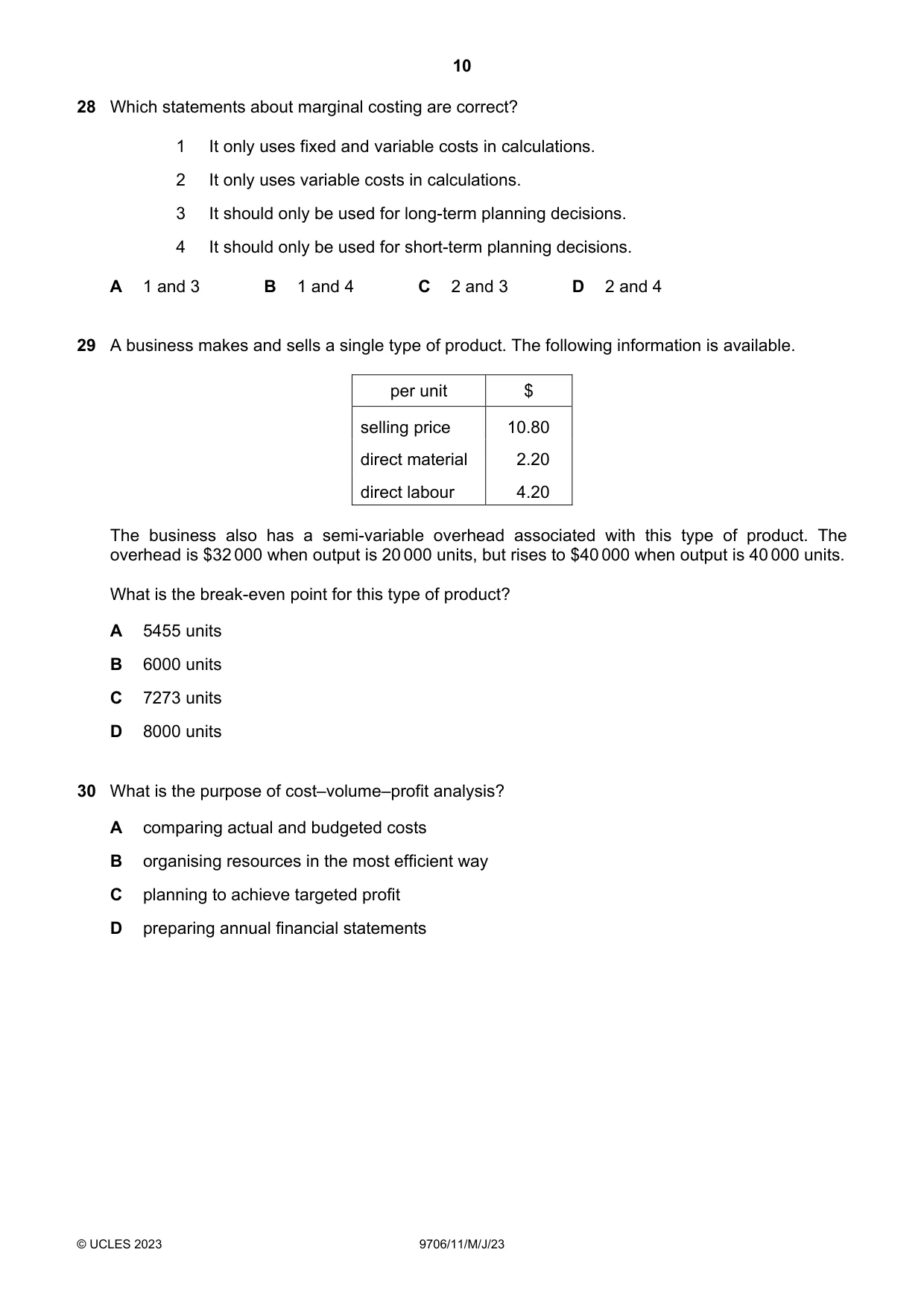 Cambridge A Level Accounting 9706 2023 May/June Paper 1 · Variant 1 question paper, page 10 of 12