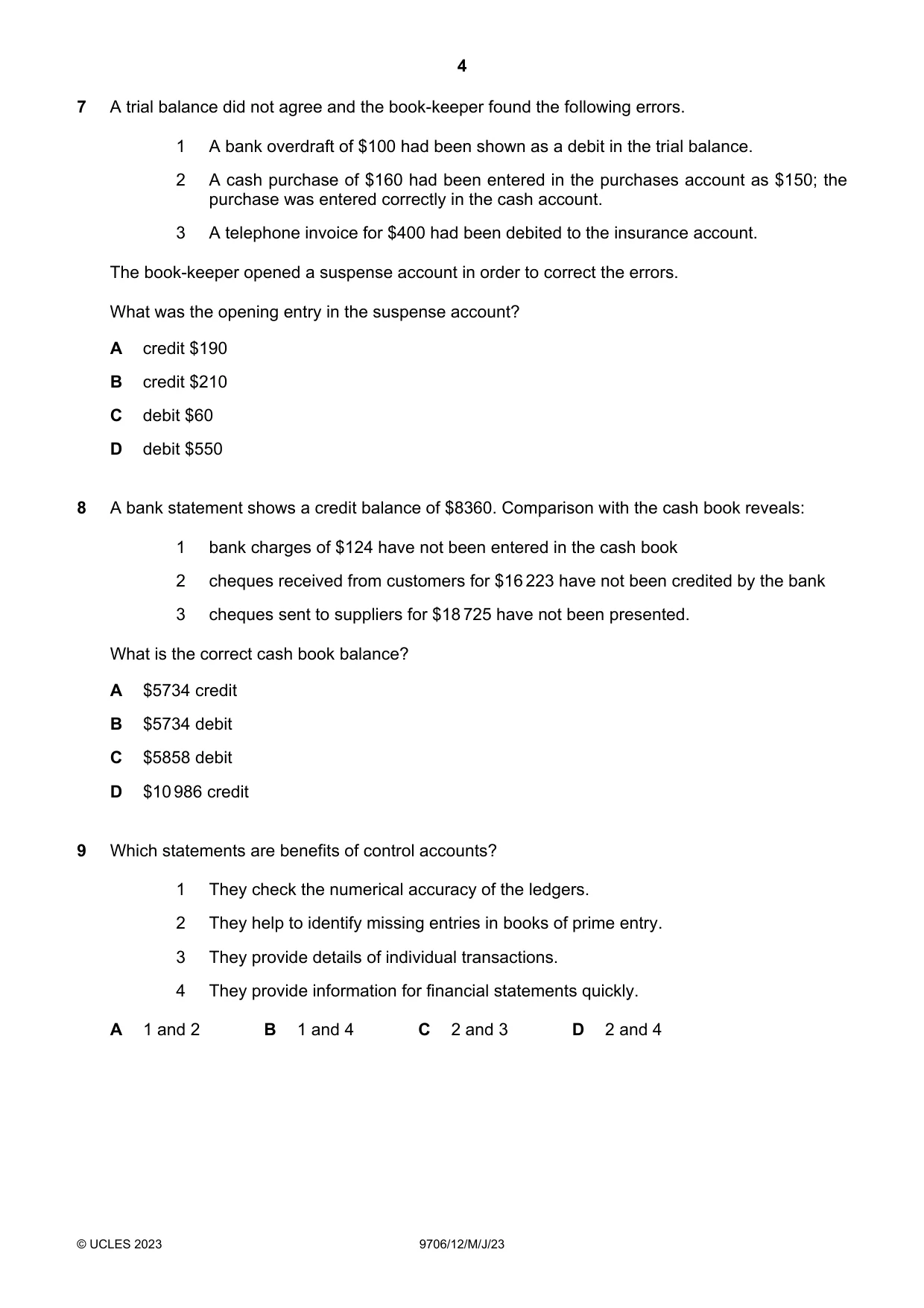 Cambridge A Level Accounting 9706 2023 May/June Paper 1 · Variant 2 question paper, page 4 of 12
