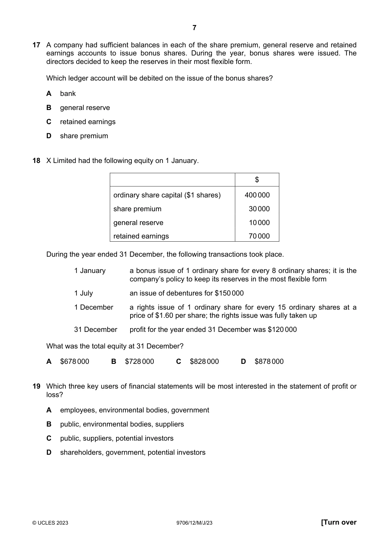 Cambridge A Level Accounting 9706 2023 May/June Paper 1 · Variant 2 question paper, page 7 of 12