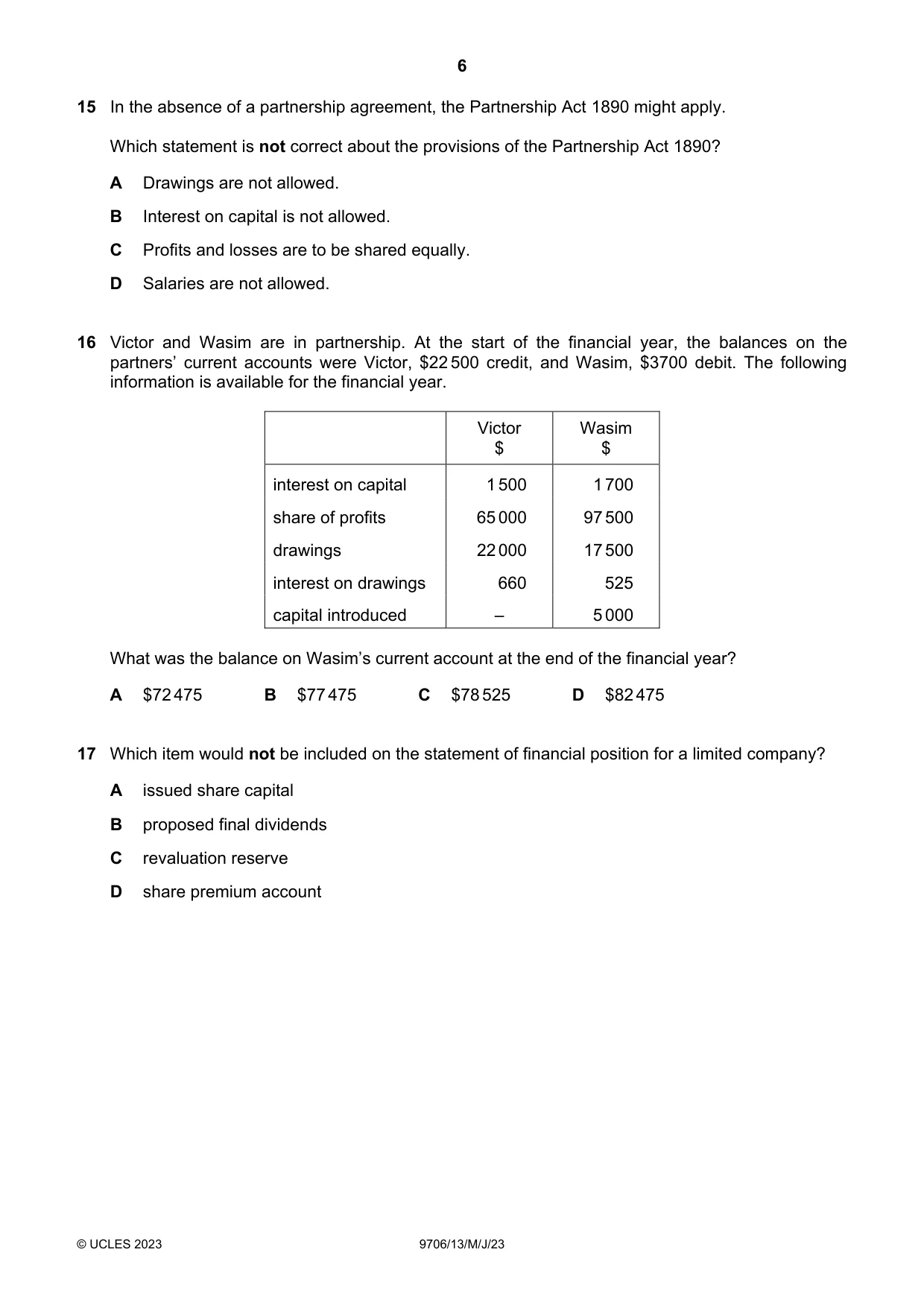 Cambridge A Level Accounting 9706 2023 May/June Paper 1 · Variant 3 question paper, page 6 of 12