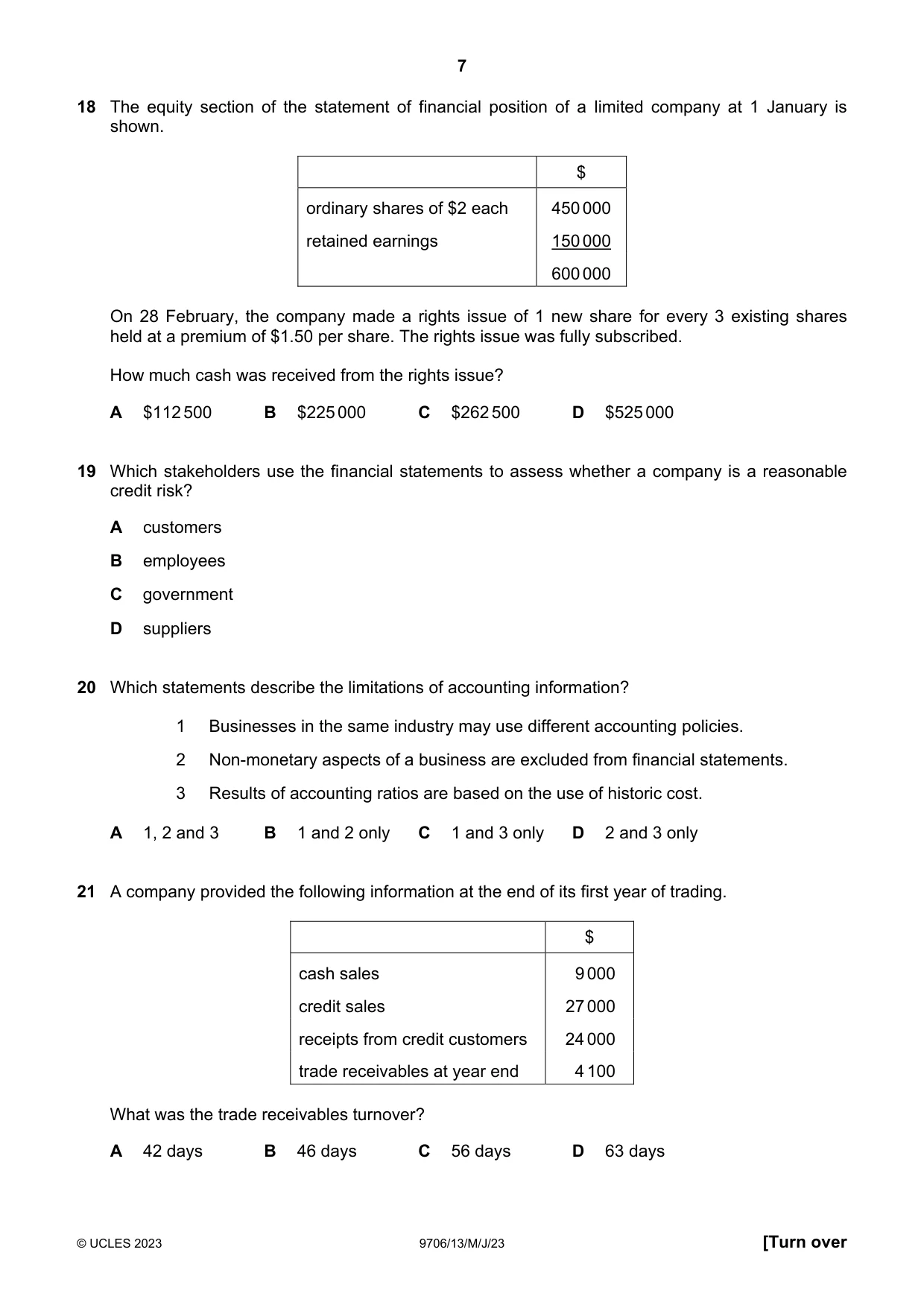 Cambridge A Level Accounting 9706 2023 May/June Paper 1 · Variant 3 question paper, page 7 of 12