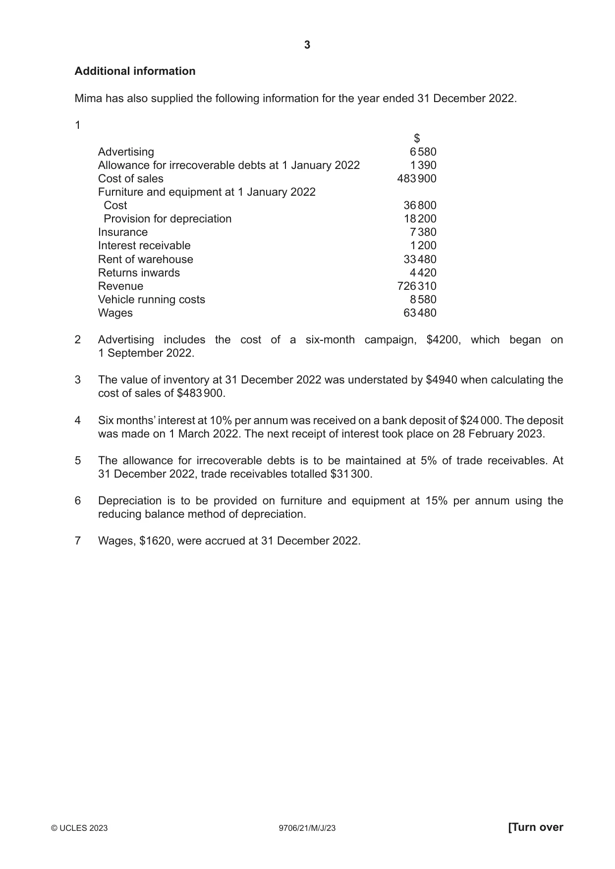 Cambridge A Level Accounting 9706 2023 May/June Paper 2 · Variant 1 question paper, page 3 of 20