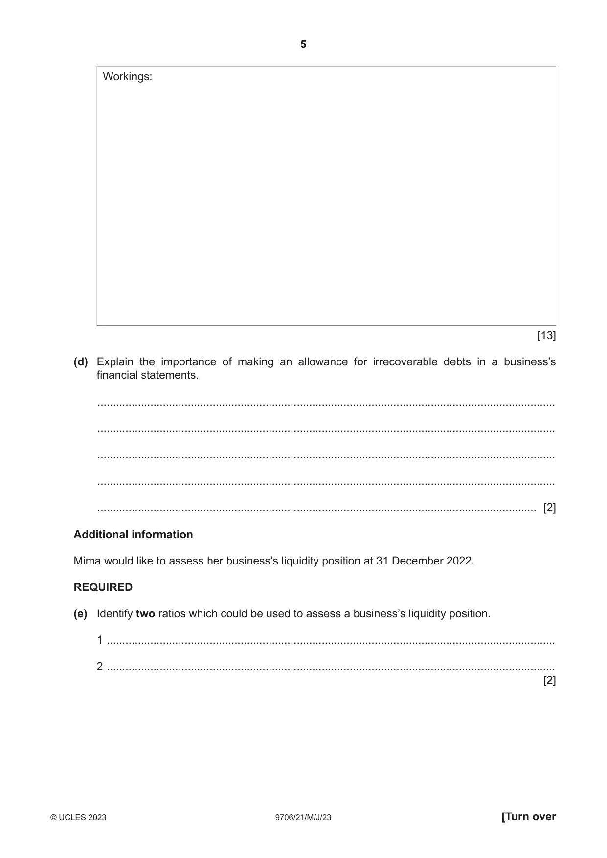 Cambridge A Level Accounting 9706 2023 May/June Paper 2 · Variant 1 question paper, page 5 of 20