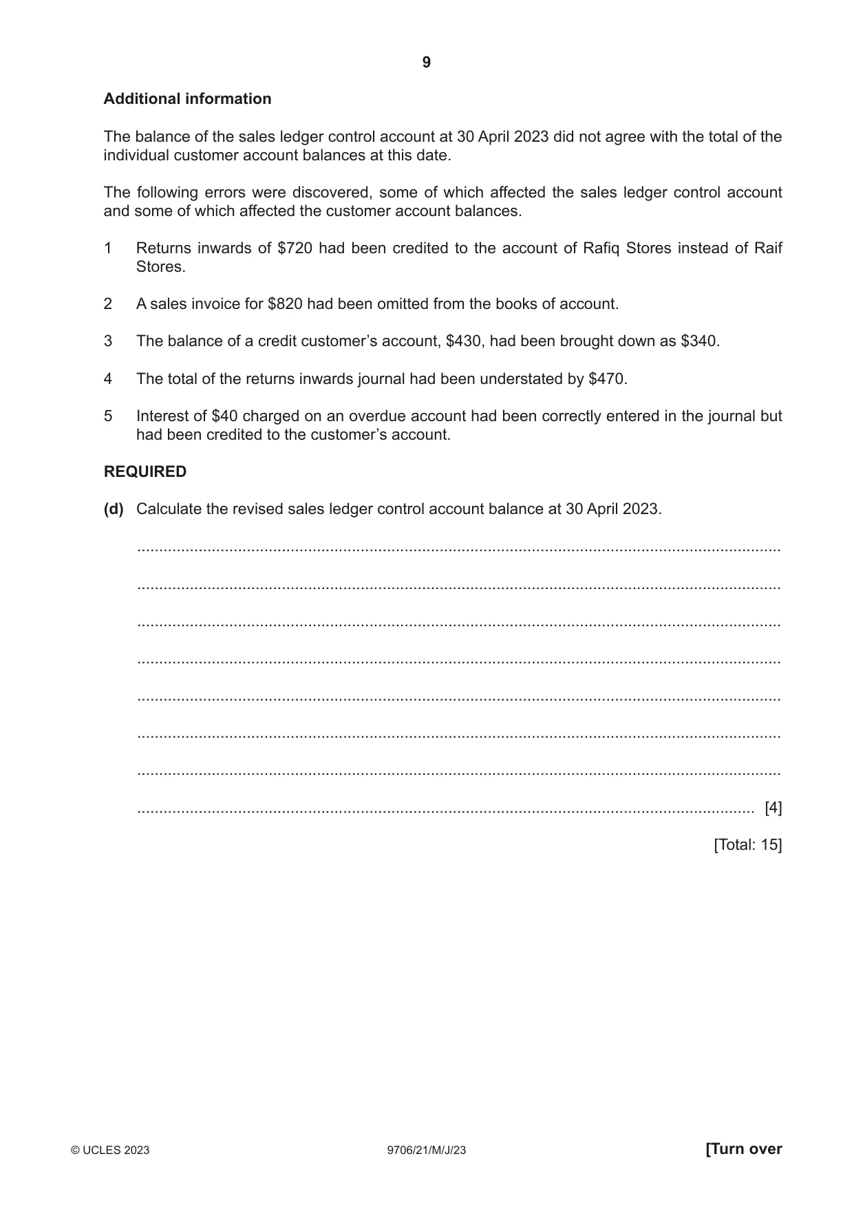 Cambridge A Level Accounting 9706 2023 May/June Paper 2 · Variant 1 question paper, page 9 of 20