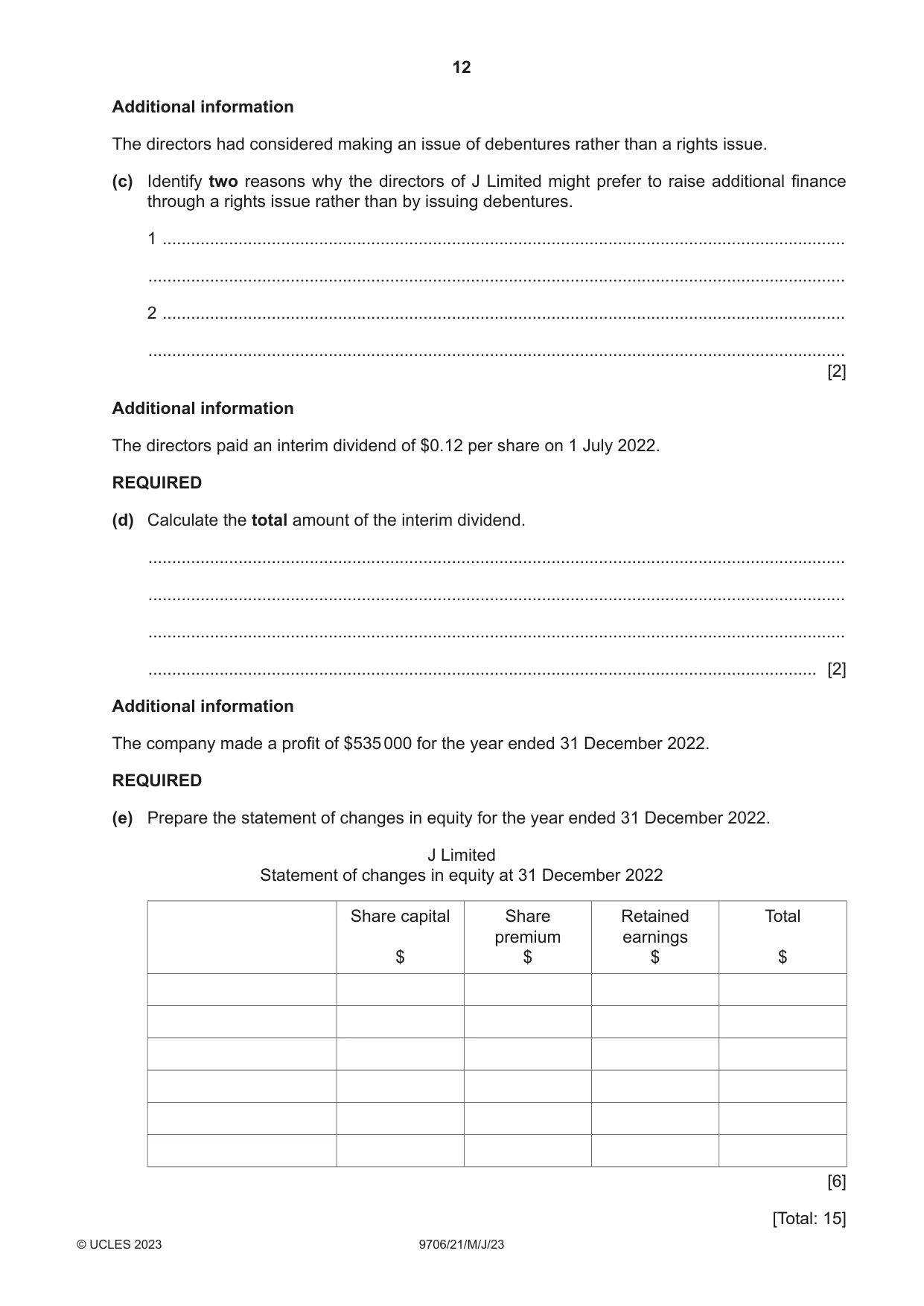 Cambridge A Level Accounting 9706 2023 May/June Paper 2 · Variant 1 question paper, page 12 of 20