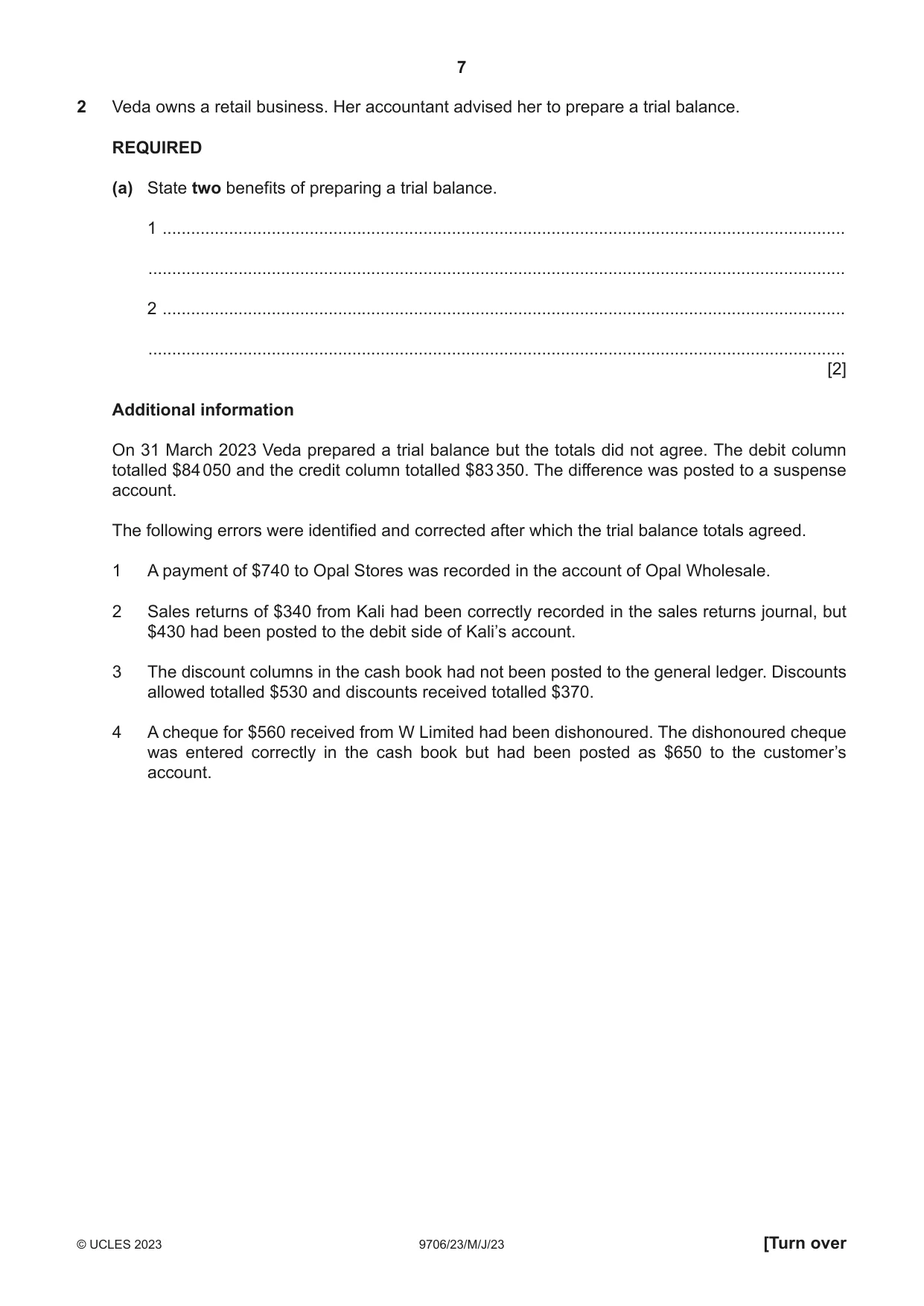 Cambridge A Level Accounting 9706 2023 May/June Paper 2 · Variant 3 question paper, page 7 of 16