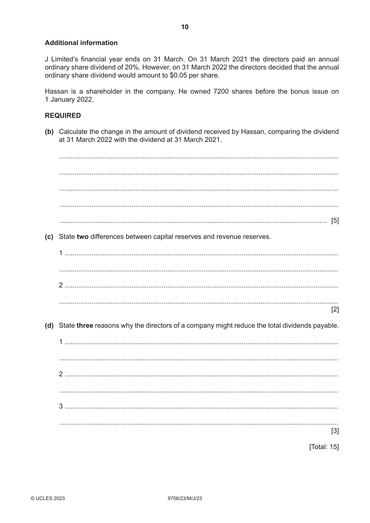 Cambridge A Level Accounting 9706 2023 May/June Paper 2 · Variant 3 question paper, page 10 of 16