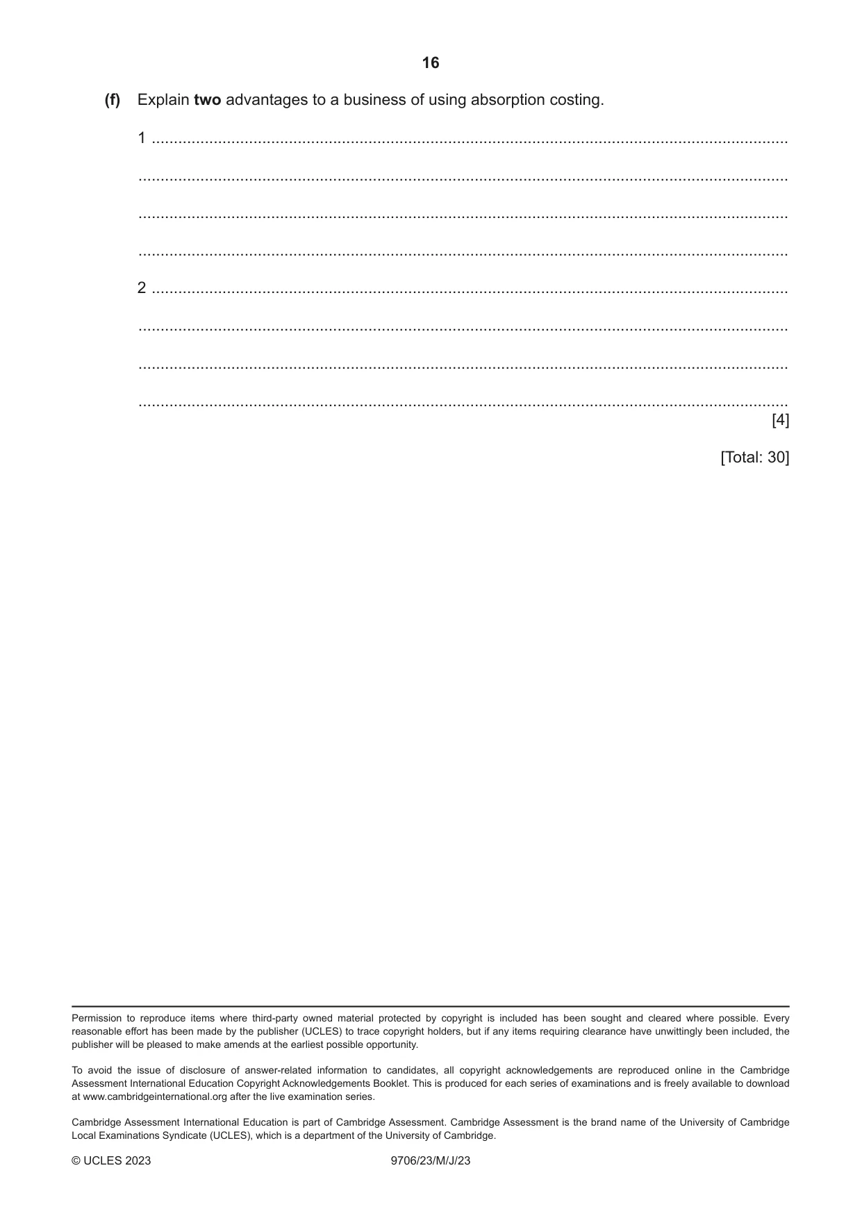 Cambridge A Level Accounting 9706 2023 May/June Paper 2 · Variant 3 question paper, page 16 of 16