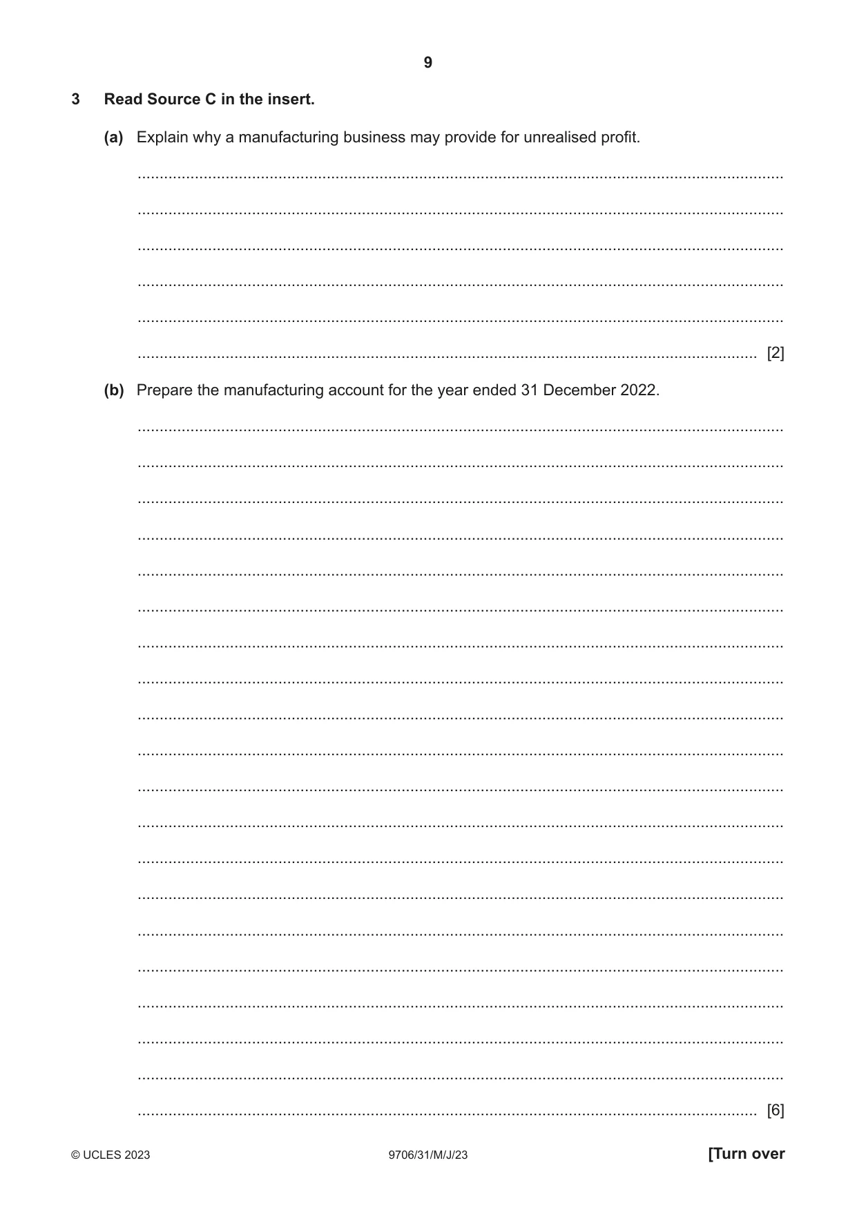 Cambridge A Level Accounting 9706 2023 May/June Paper 3 · Variant 1 question paper, page 9 of 12