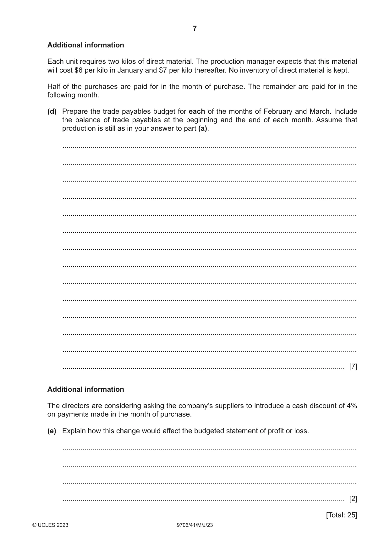 Cambridge A Level Accounting 9706 2023 May/June Paper 4 · Variant 1 question paper, page 7 of 8