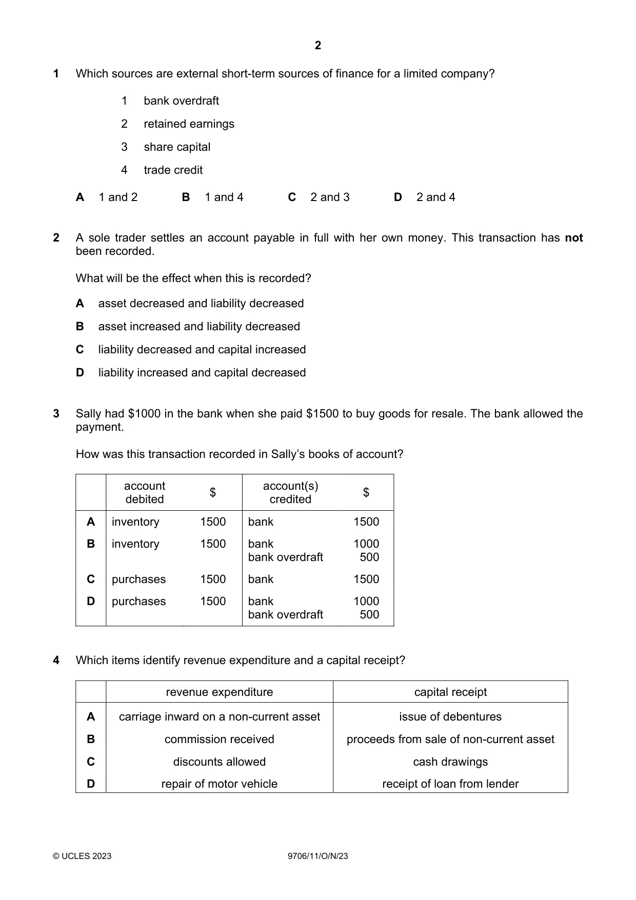 Cambridge A Level Accounting 9706 2023 Oct/Nov Paper 1 · Variant 1 question paper, page 2 of 12