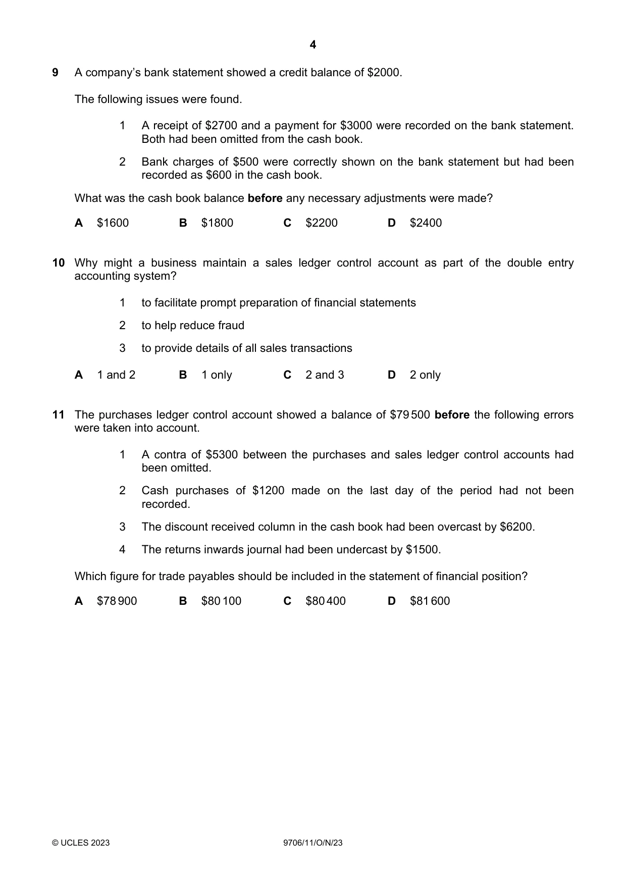 Cambridge A Level Accounting 9706 2023 Oct/Nov Paper 1 · Variant 1 question paper, page 4 of 12