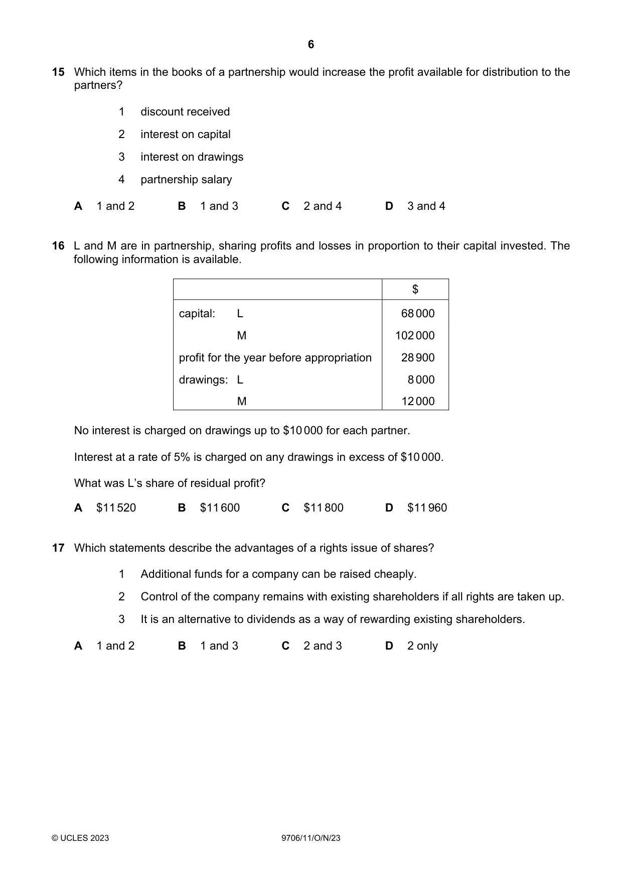 Cambridge A Level Accounting 9706 2023 Oct/Nov Paper 1 · Variant 1 question paper, page 6 of 12