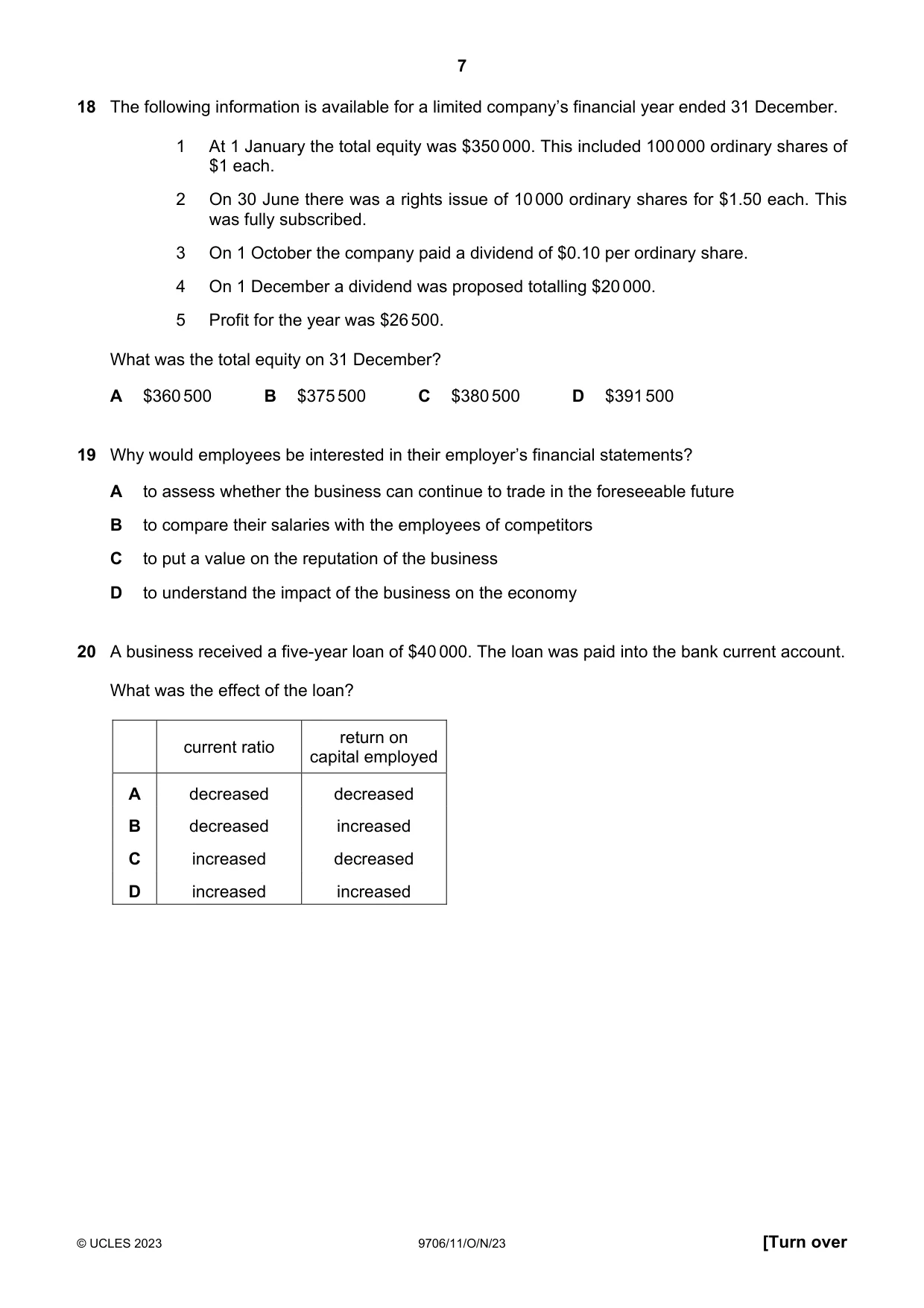 Cambridge A Level Accounting 9706 2023 Oct/Nov Paper 1 · Variant 1 question paper, page 7 of 12