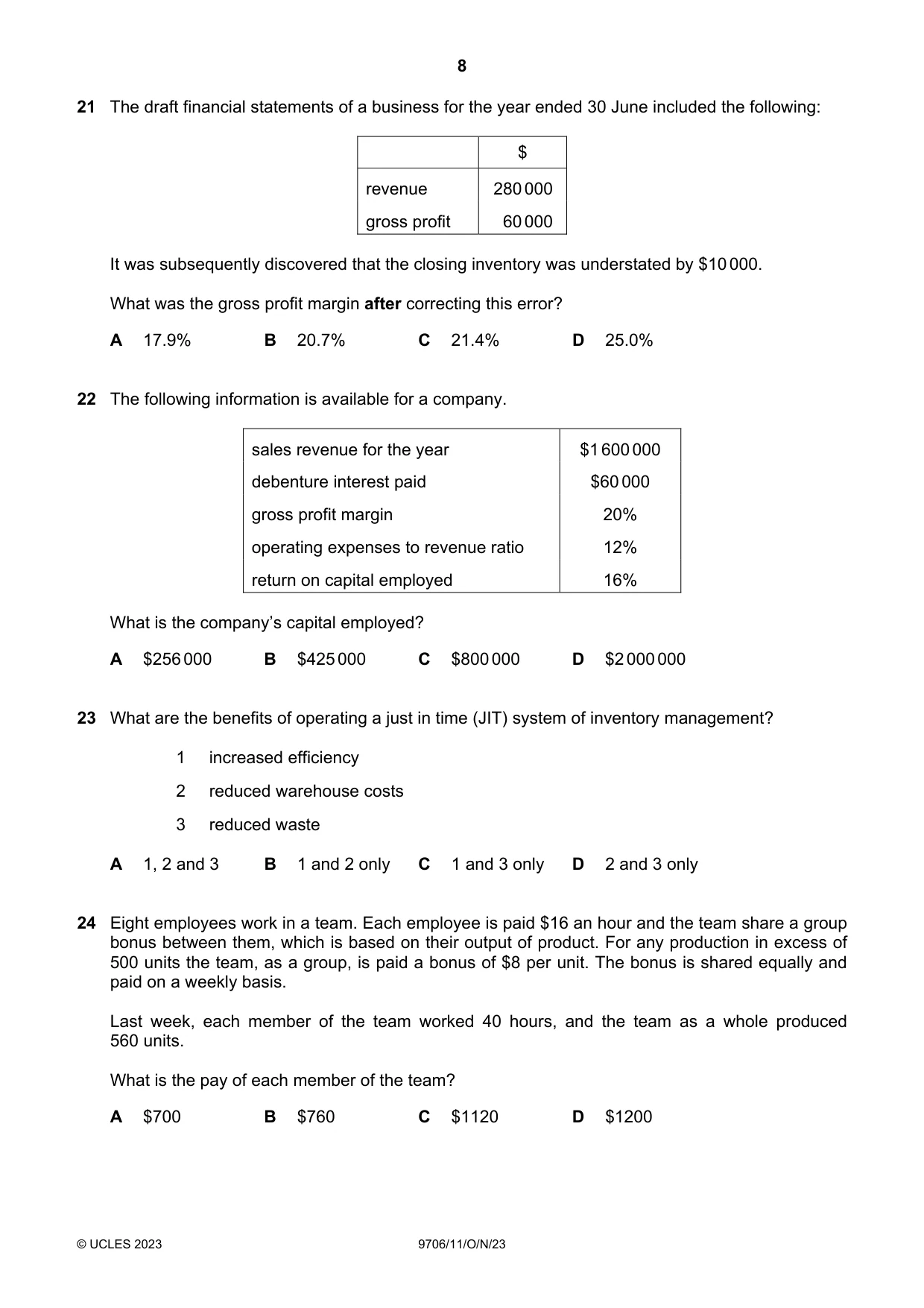 Cambridge A Level Accounting 9706 2023 Oct/Nov Paper 1 · Variant 1 question paper, page 8 of 12