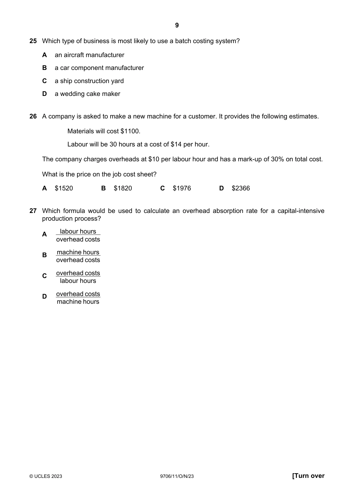 Cambridge A Level Accounting 9706 2023 Oct/Nov Paper 1 · Variant 1 question paper, page 9 of 12