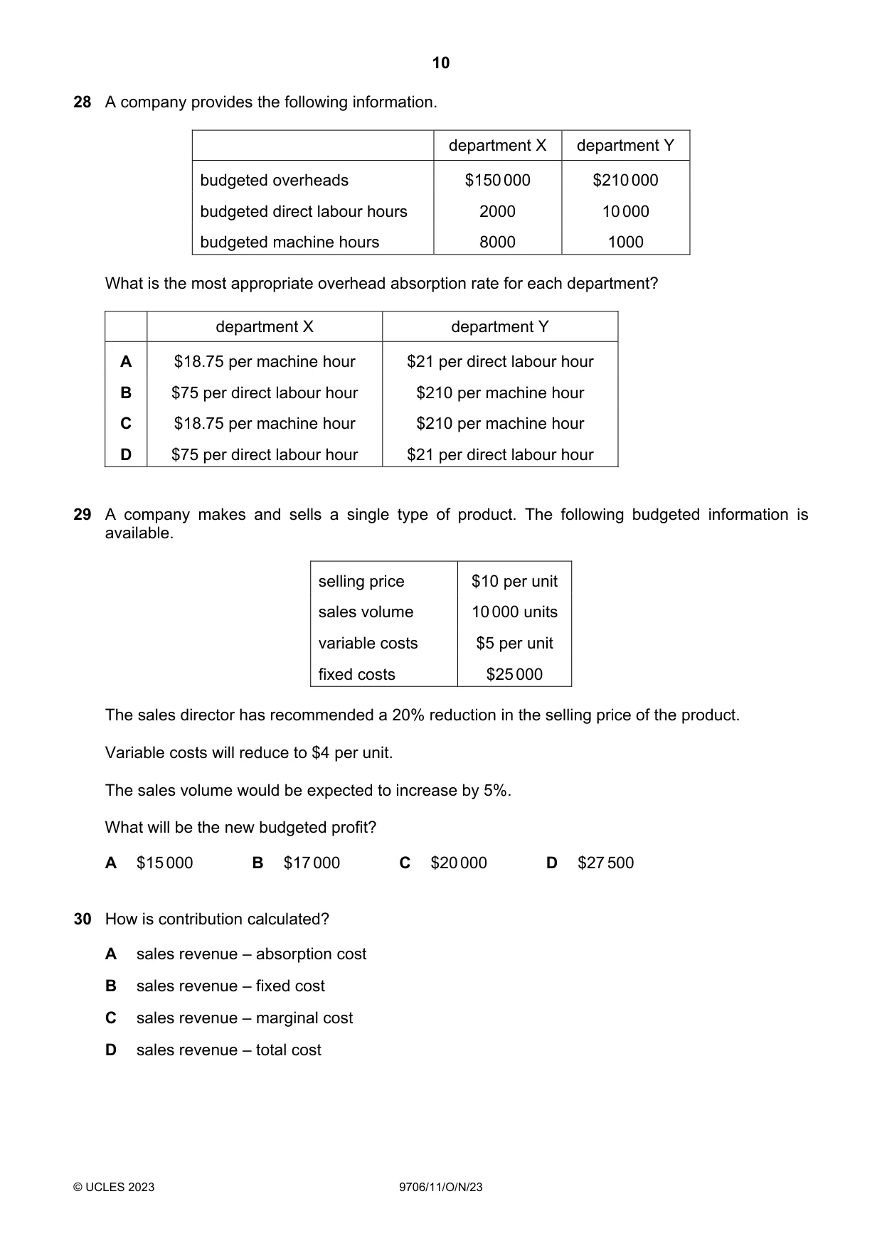 Cambridge A Level Accounting 9706 2023 Oct/Nov Paper 1 · Variant 1 question paper, page 10 of 12