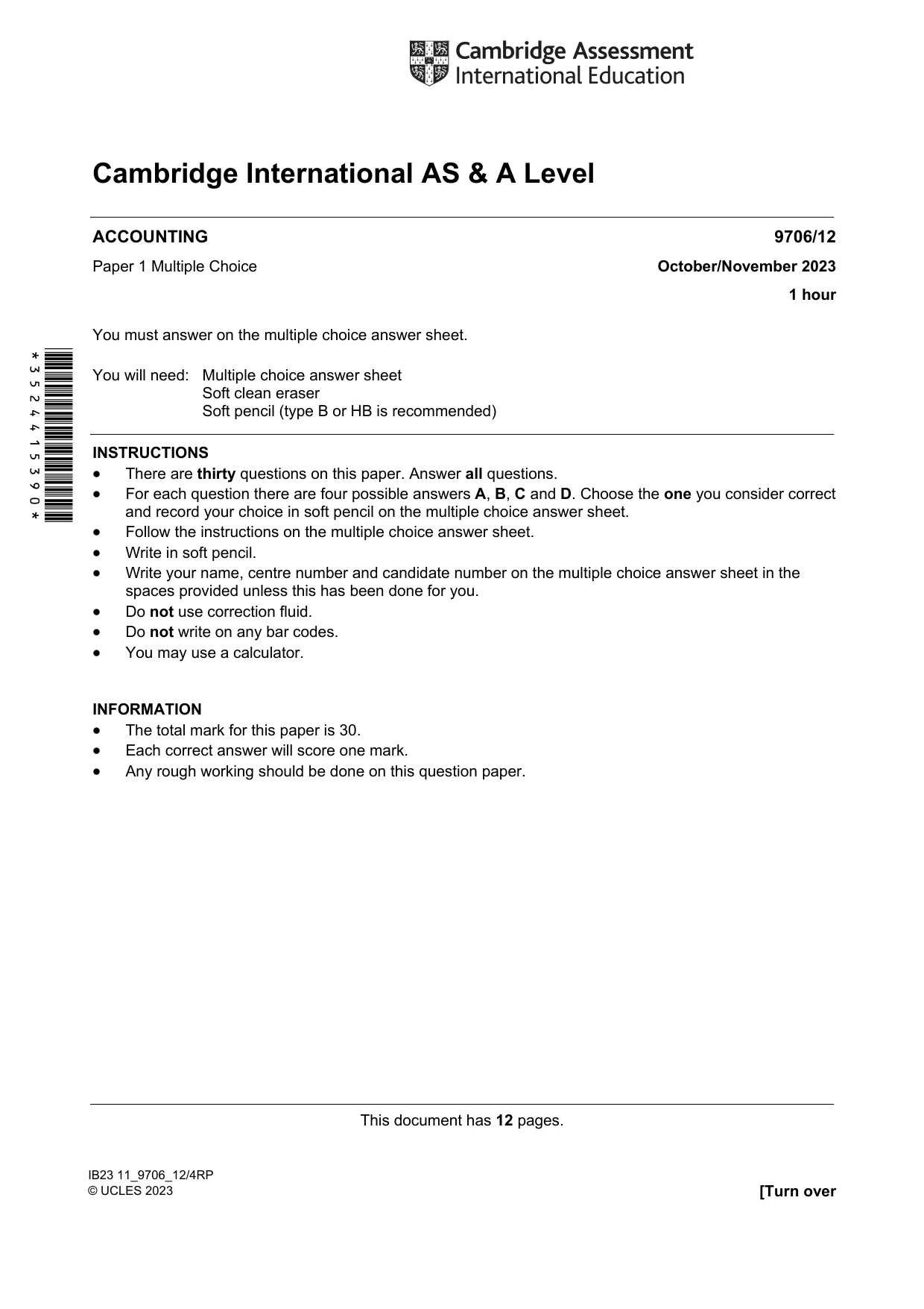 Cambridge A Level Accounting 9706 2023 Oct/Nov Paper 1 · Variant 2 question paper, page 1 of 12