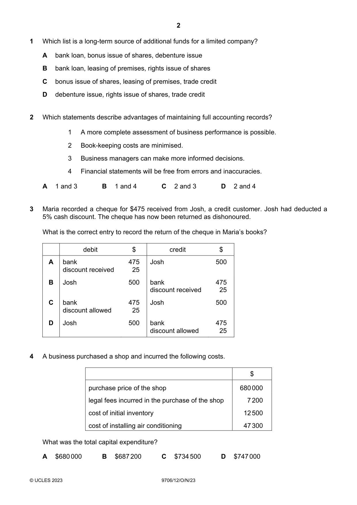 Cambridge A Level Accounting 9706 2023 Oct/Nov Paper 1 · Variant 2 question paper, page 2 of 12