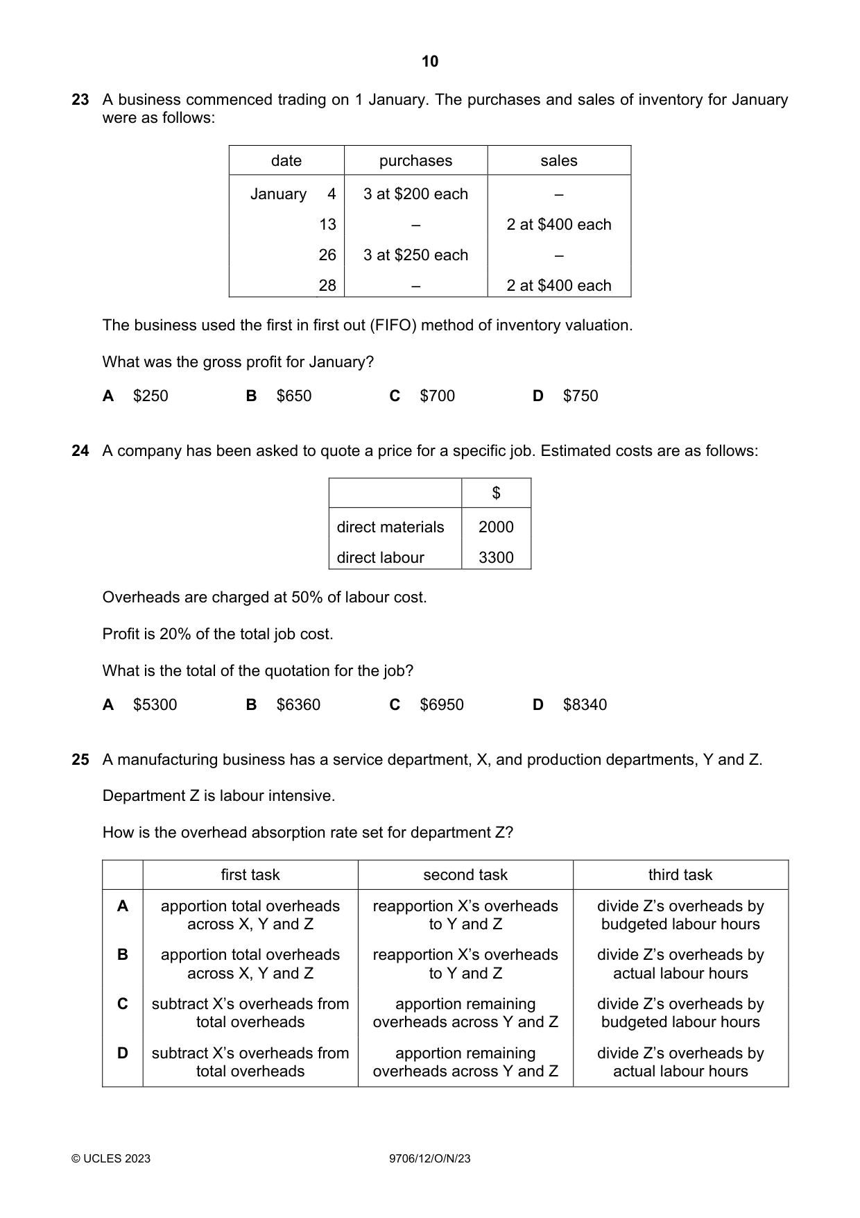 Cambridge A Level Accounting 9706 2023 Oct/Nov Paper 1 · Variant 2 question paper, page 10 of 12