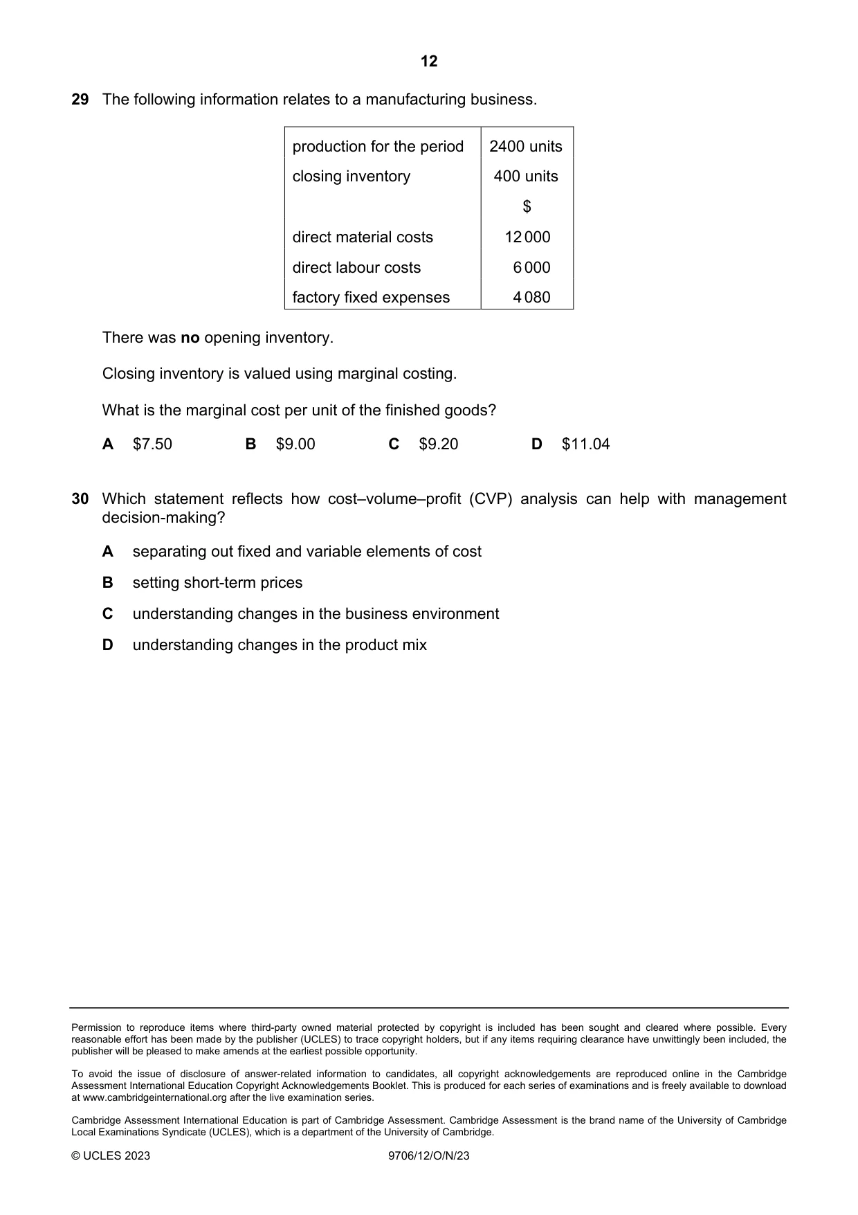Cambridge A Level Accounting 9706 2023 Oct/Nov Paper 1 · Variant 2 question paper, page 12 of 12
