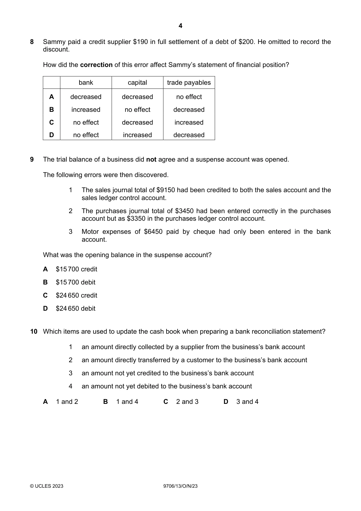 Cambridge A Level Accounting 9706 2023 Oct/Nov Paper 1 · Variant 3 question paper, page 4 of 12