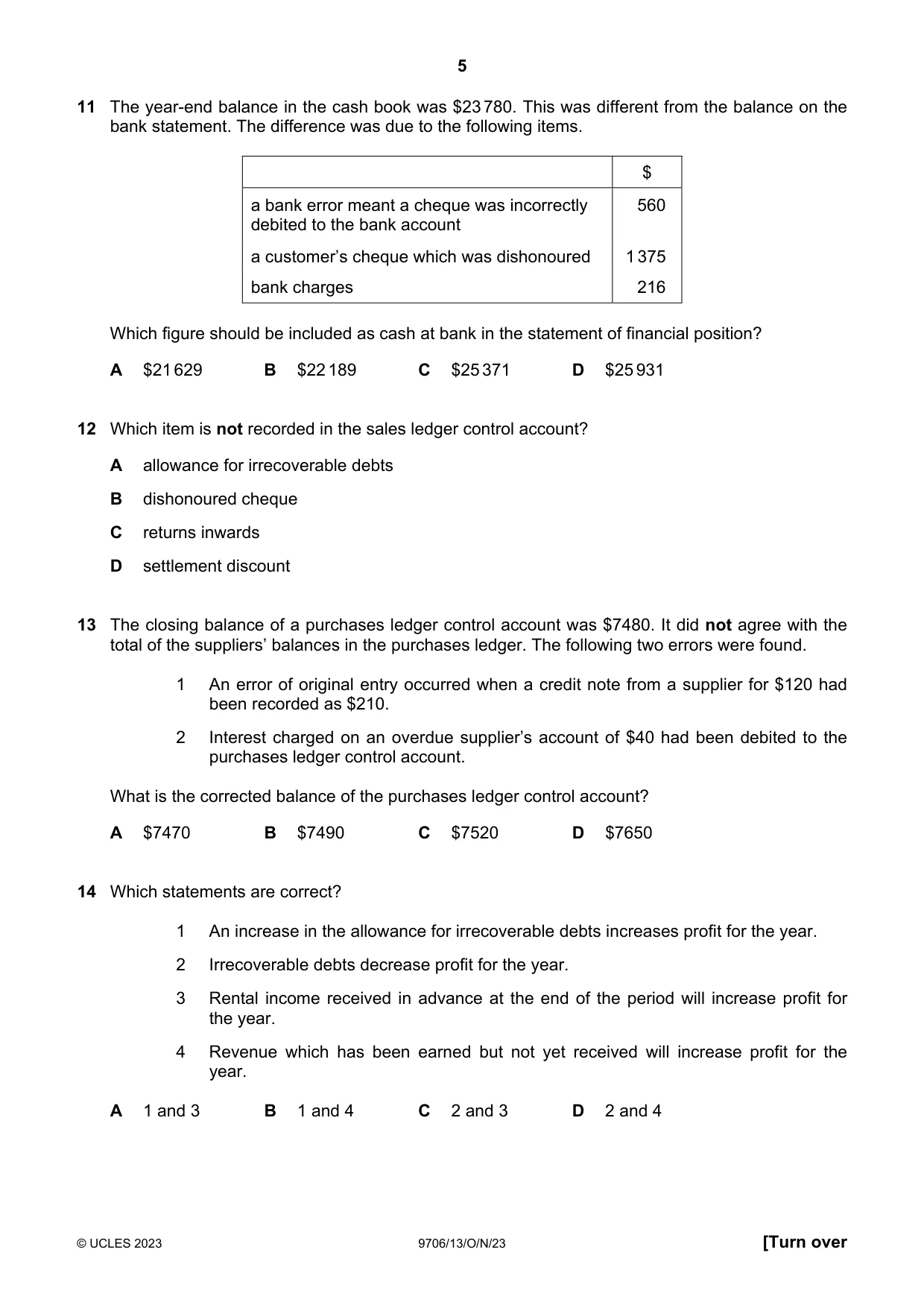 Cambridge A Level Accounting 9706 2023 Oct/Nov Paper 1 · Variant 3 question paper, page 5 of 12