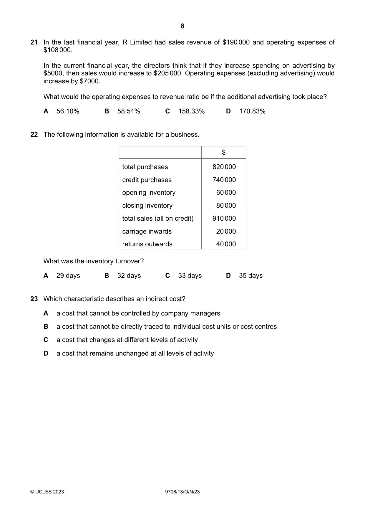 Cambridge A Level Accounting 9706 2023 Oct/Nov Paper 1 · Variant 3 question paper, page 8 of 12