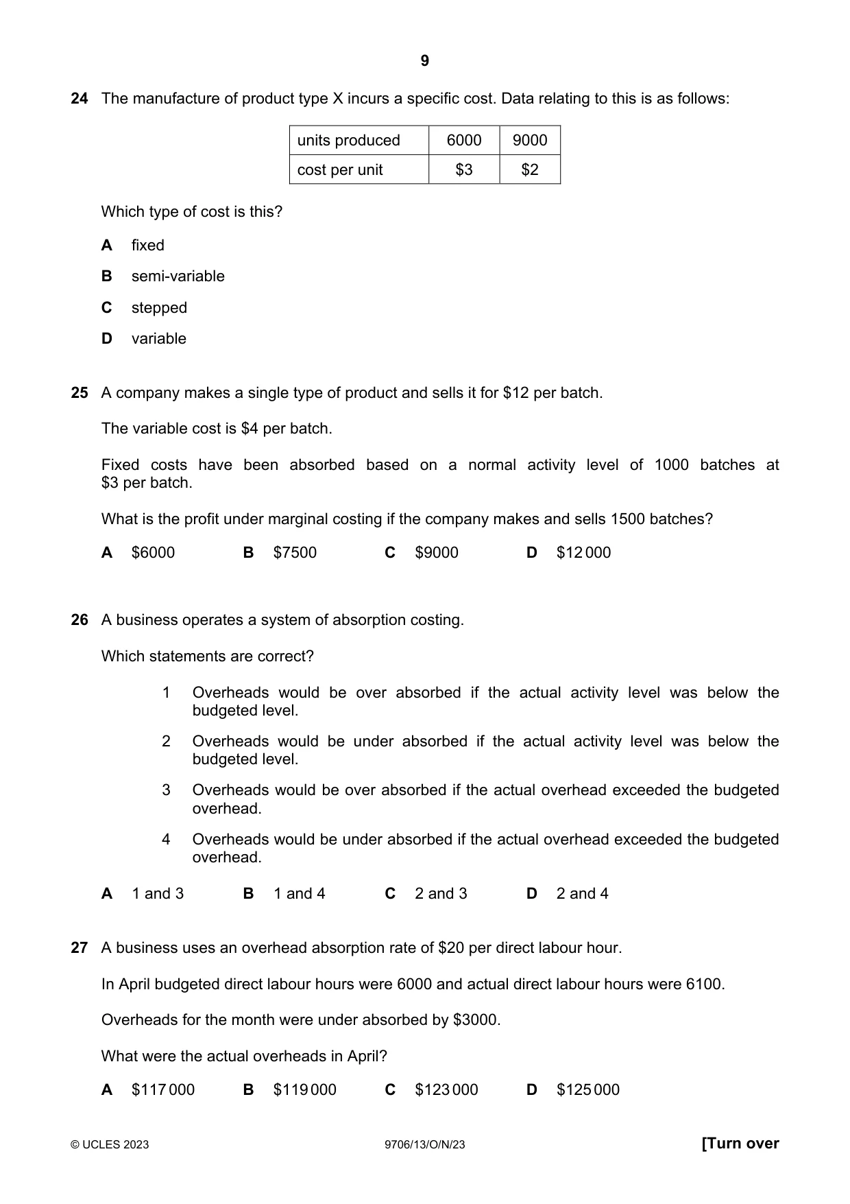 Cambridge A Level Accounting 9706 2023 Oct/Nov Paper 1 · Variant 3 question paper, page 9 of 12