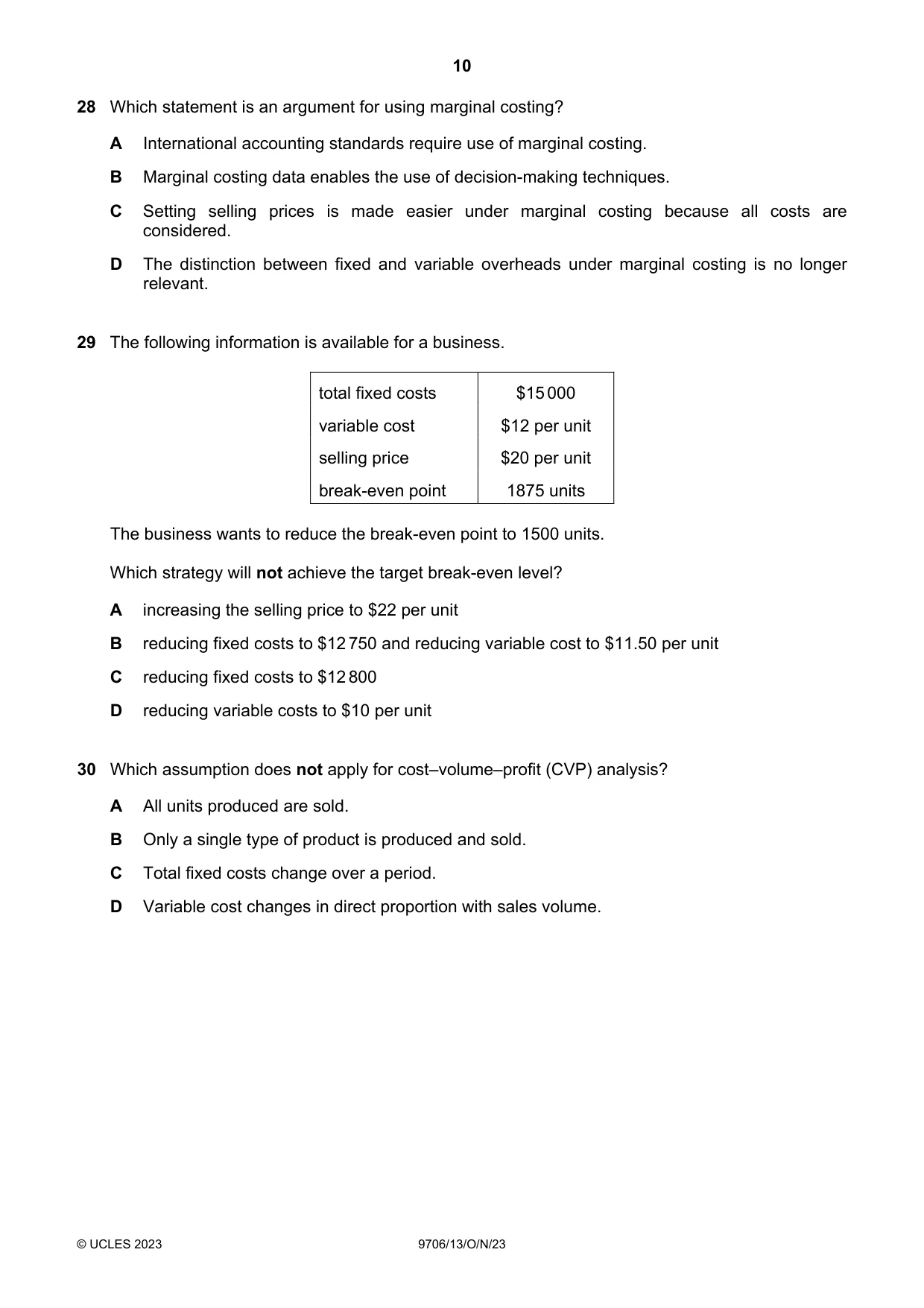 Cambridge A Level Accounting 9706 2023 Oct/Nov Paper 1 · Variant 3 question paper, page 10 of 12