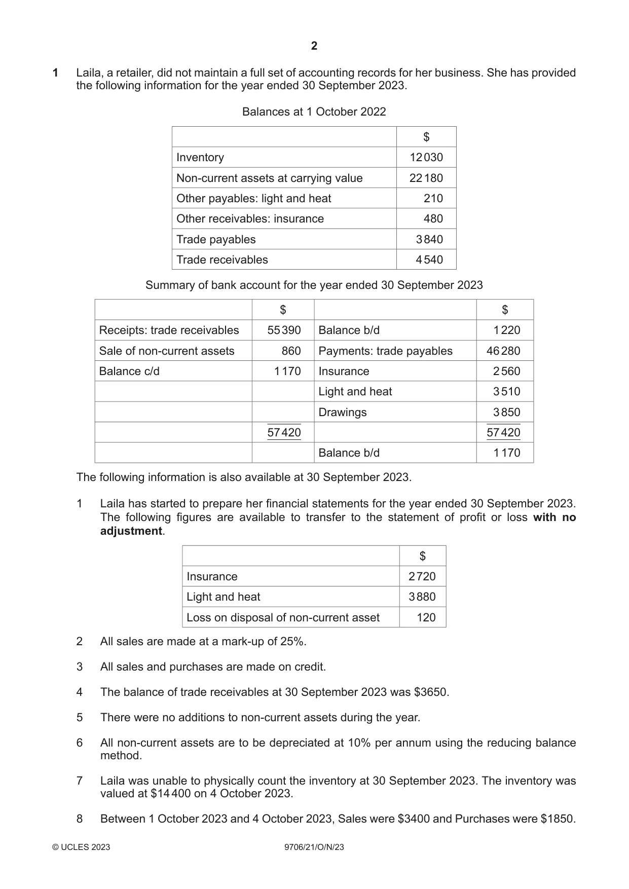 Cambridge A Level Accounting 9706 2023 Oct/Nov Paper 2 · Variant 1 question paper, page 2 of 16