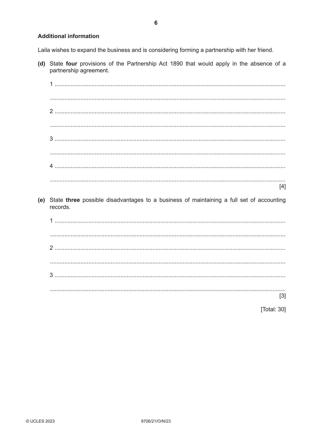 Cambridge A Level Accounting 9706 2023 Oct/Nov Paper 2 · Variant 1 question paper, page 6 of 16