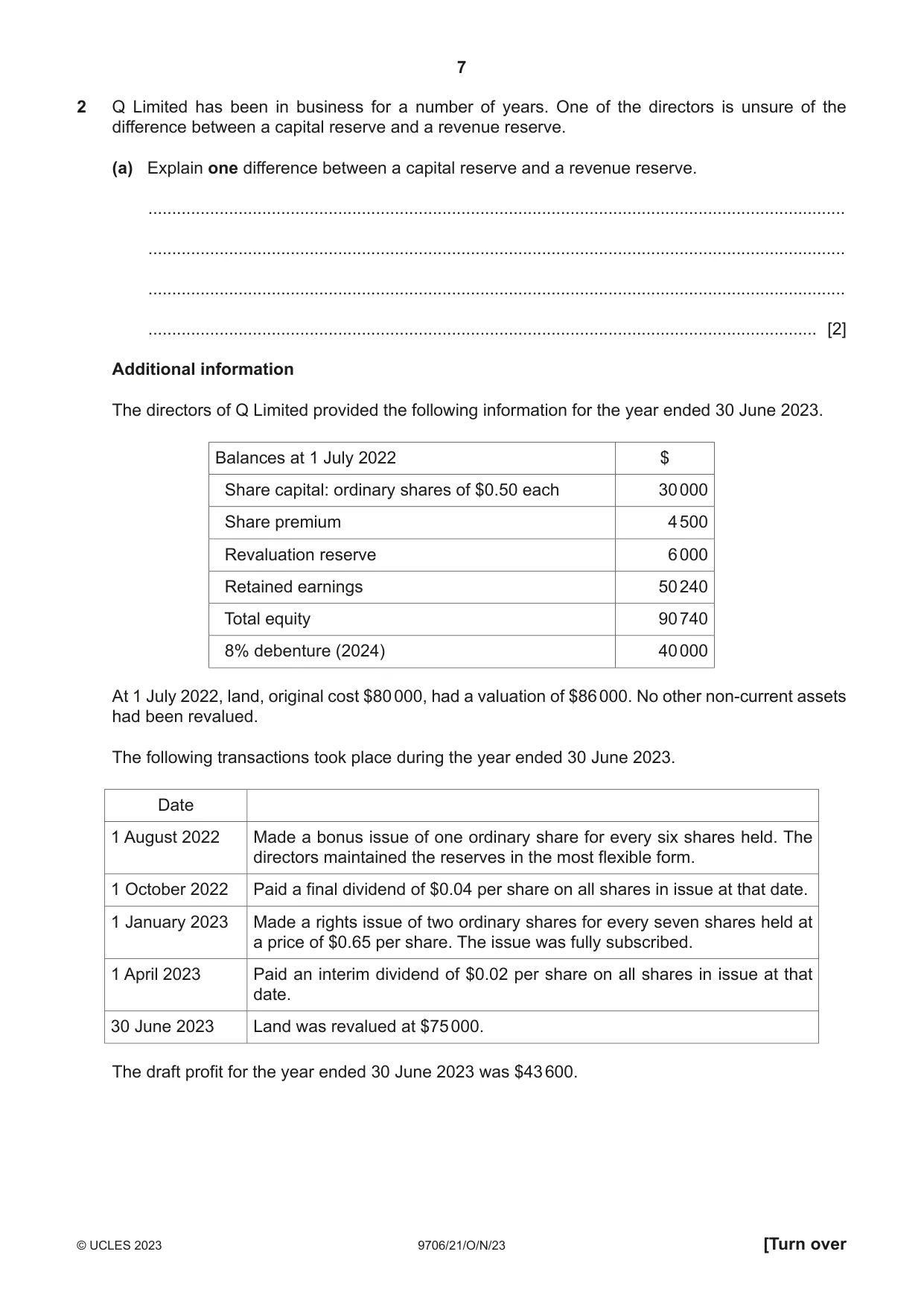 Cambridge A Level Accounting 9706 2023 Oct/Nov Paper 2 · Variant 1 question paper, page 7 of 16