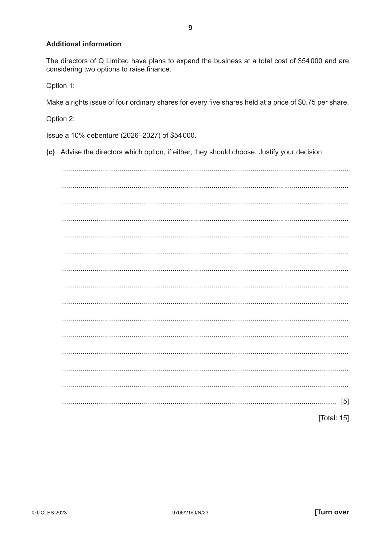 Cambridge A Level Accounting 9706 2023 Oct/Nov Paper 2 · Variant 1 question paper, page 9 of 16