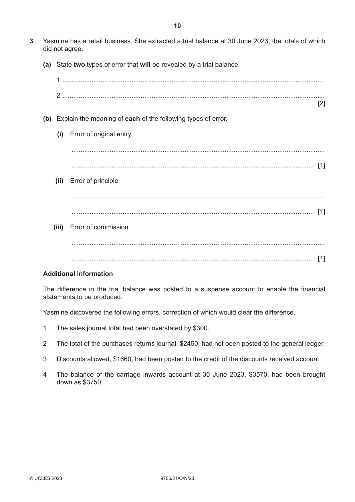 Cambridge A Level Accounting 9706 2023 Oct/Nov Paper 2 · Variant 1 question paper, page 10 of 16
