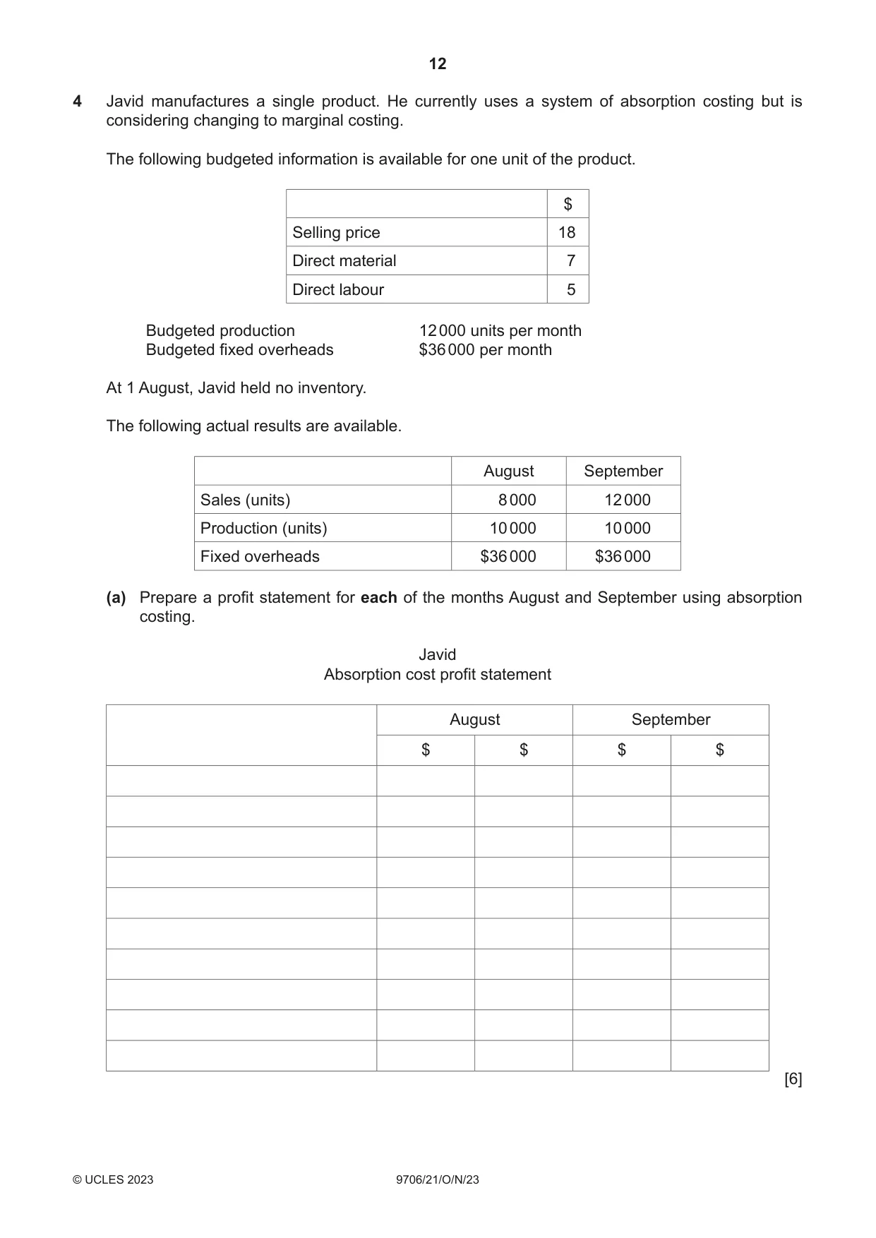 Cambridge A Level Accounting 9706 2023 Oct/Nov Paper 2 · Variant 1 question paper, page 12 of 16