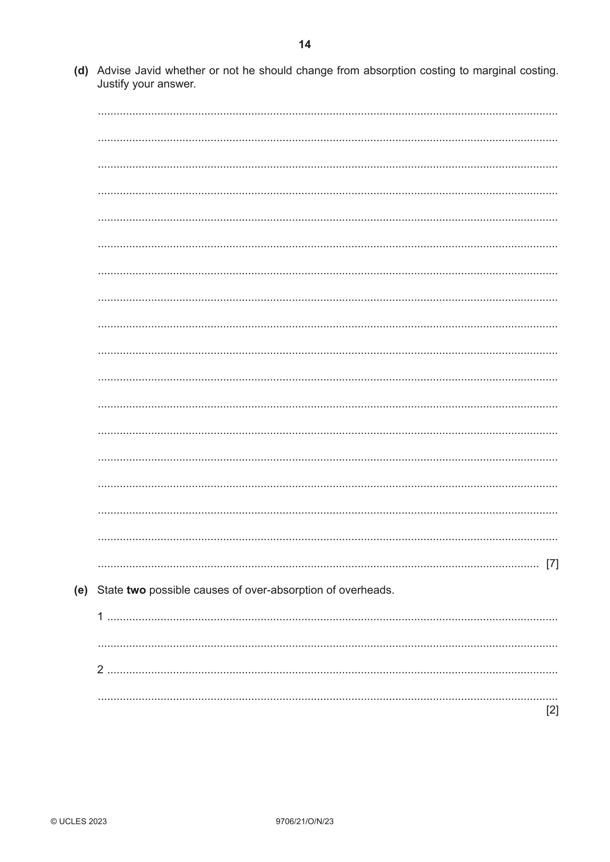 Cambridge A Level Accounting 9706 2023 Oct/Nov Paper 2 · Variant 1 question paper, page 14 of 16