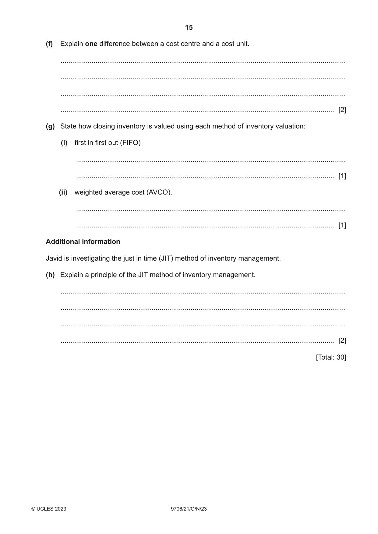 Cambridge A Level Accounting 9706 2023 Oct/Nov Paper 2 · Variant 1 question paper, page 15 of 16