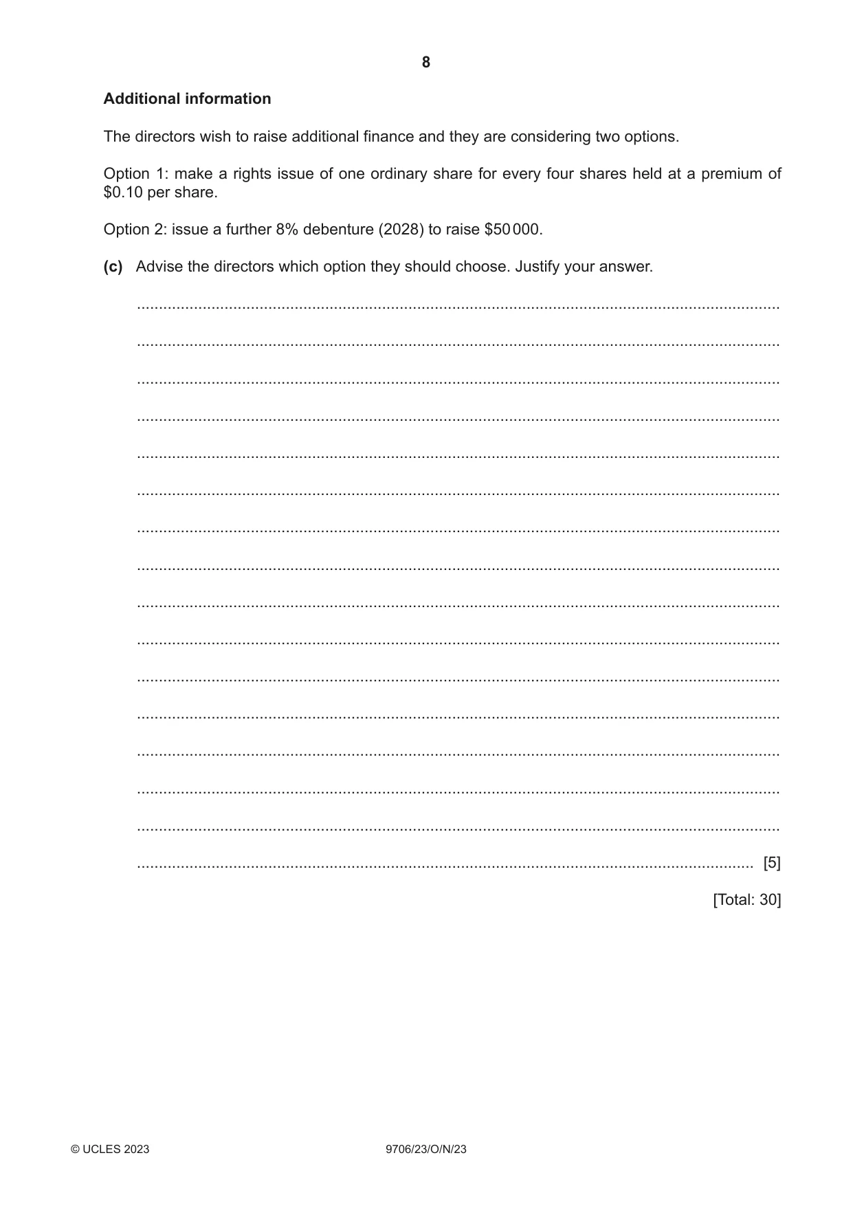 Cambridge A Level Accounting 9706 2023 Oct/Nov Paper 2 · Variant 3 question paper, page 8 of 20