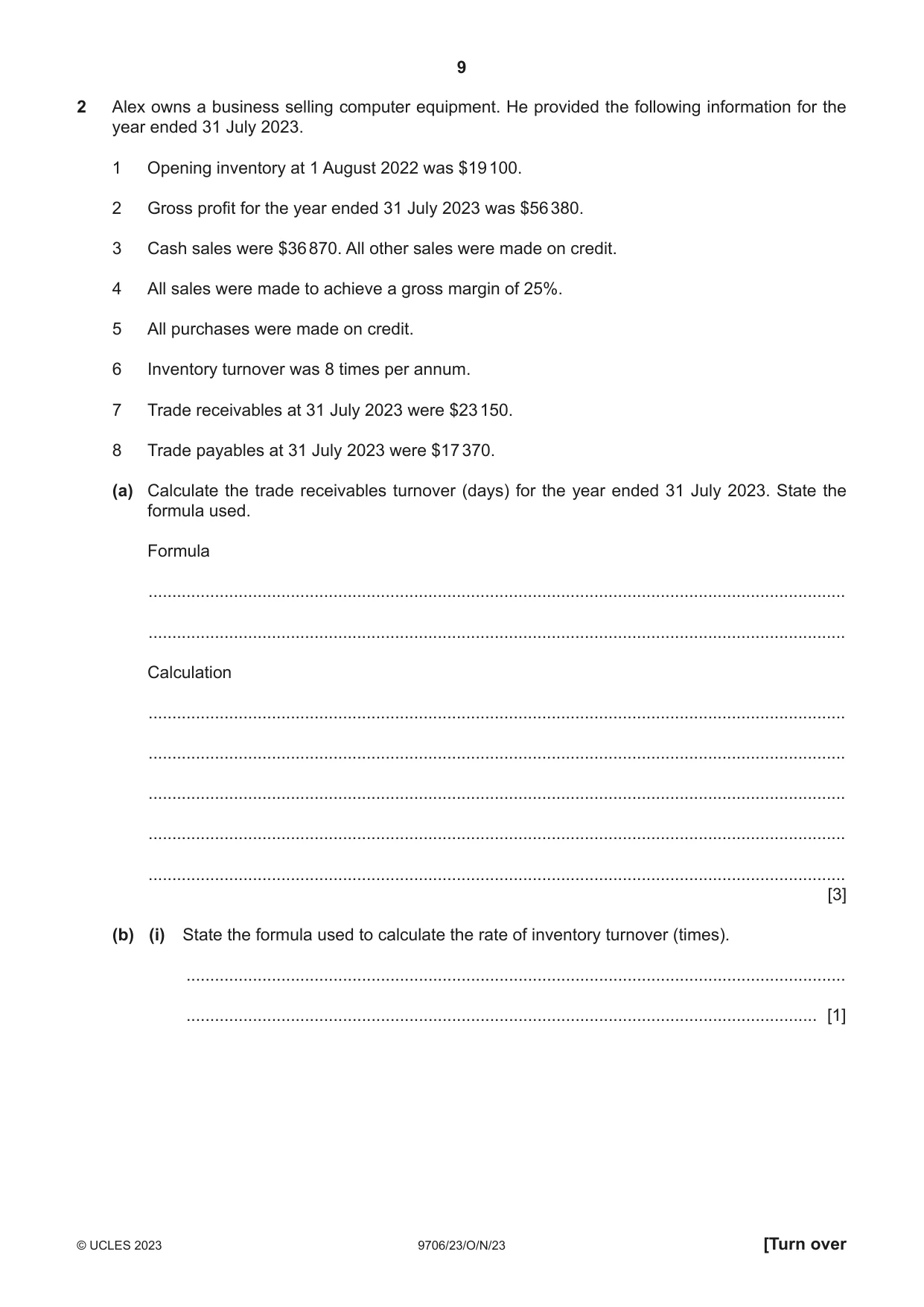 Cambridge A Level Accounting 9706 2023 Oct/Nov Paper 2 · Variant 3 question paper, page 9 of 20