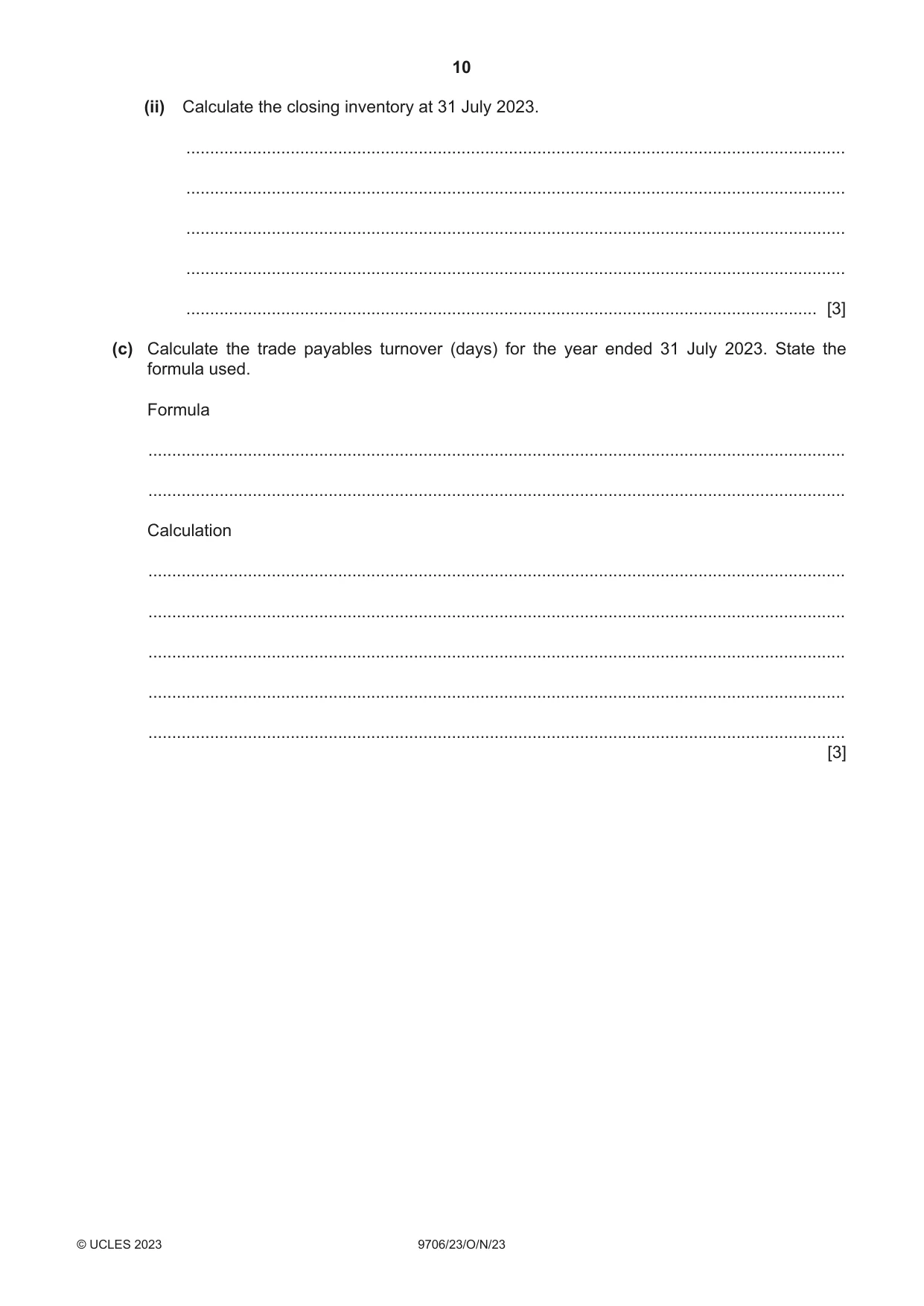 Cambridge A Level Accounting 9706 2023 Oct/Nov Paper 2 · Variant 3 question paper, page 10 of 20
