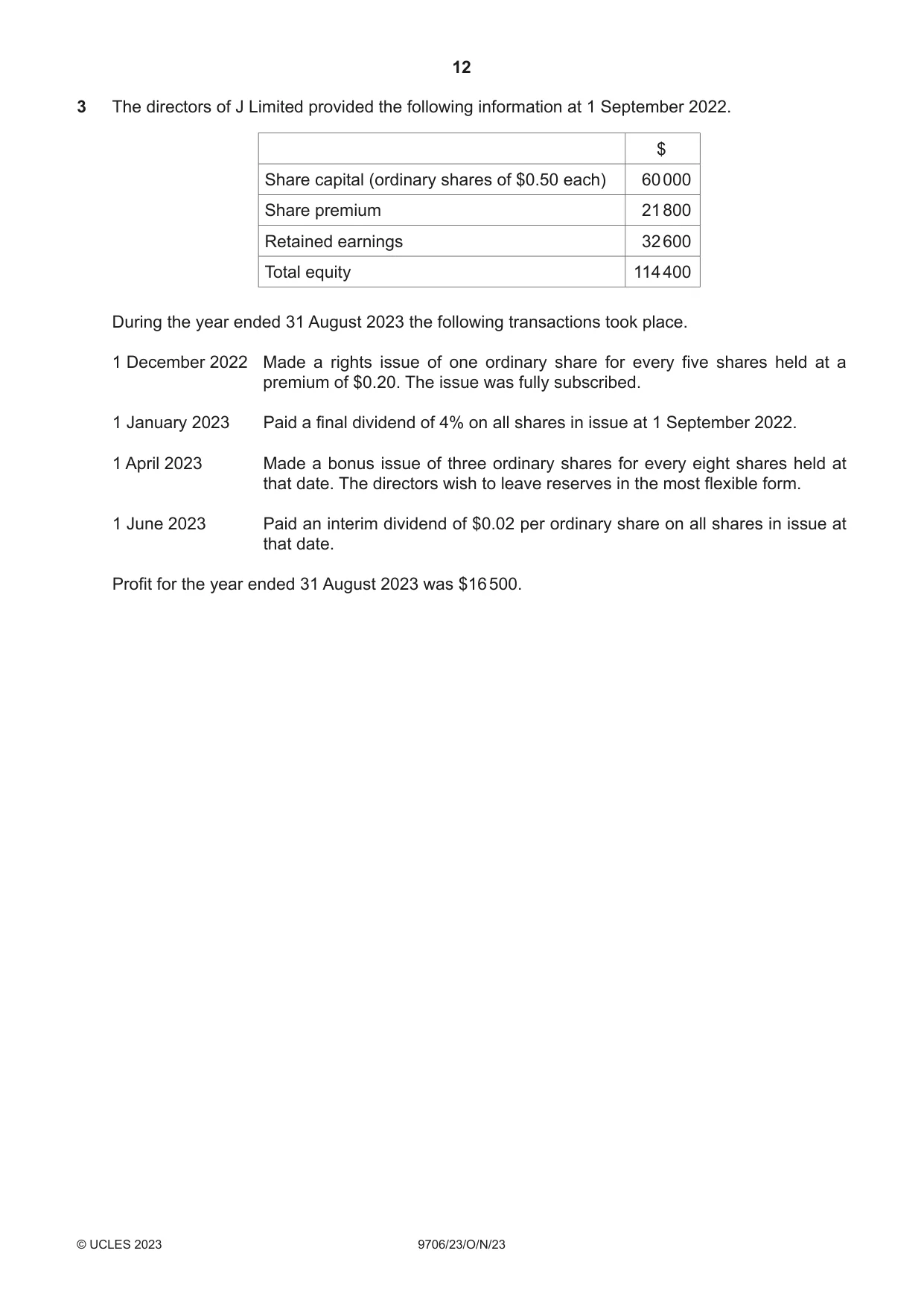 Cambridge A Level Accounting 9706 2023 Oct/Nov Paper 2 · Variant 3 question paper, page 12 of 20