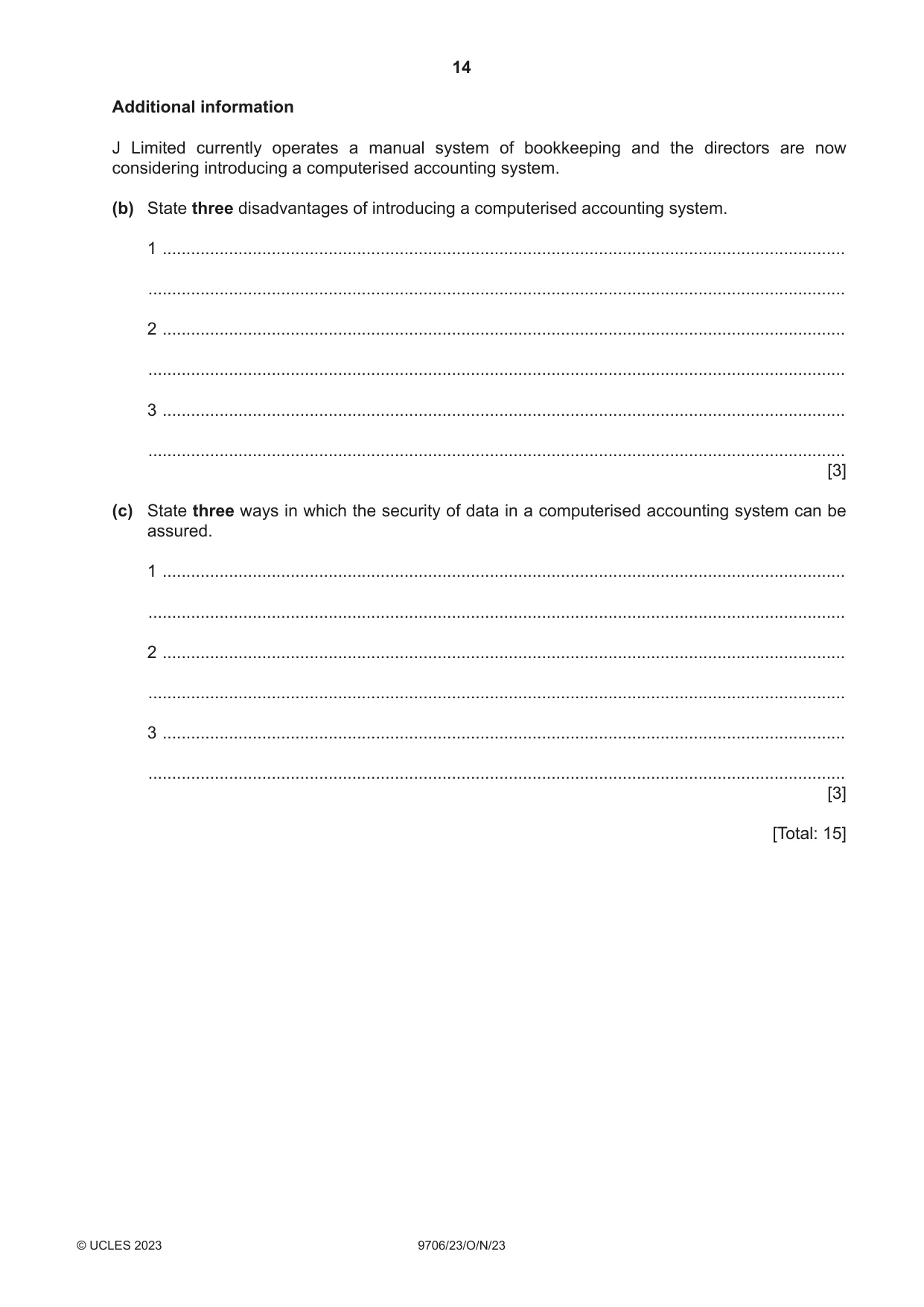Cambridge A Level Accounting 9706 2023 Oct/Nov Paper 2 · Variant 3 question paper, page 14 of 20