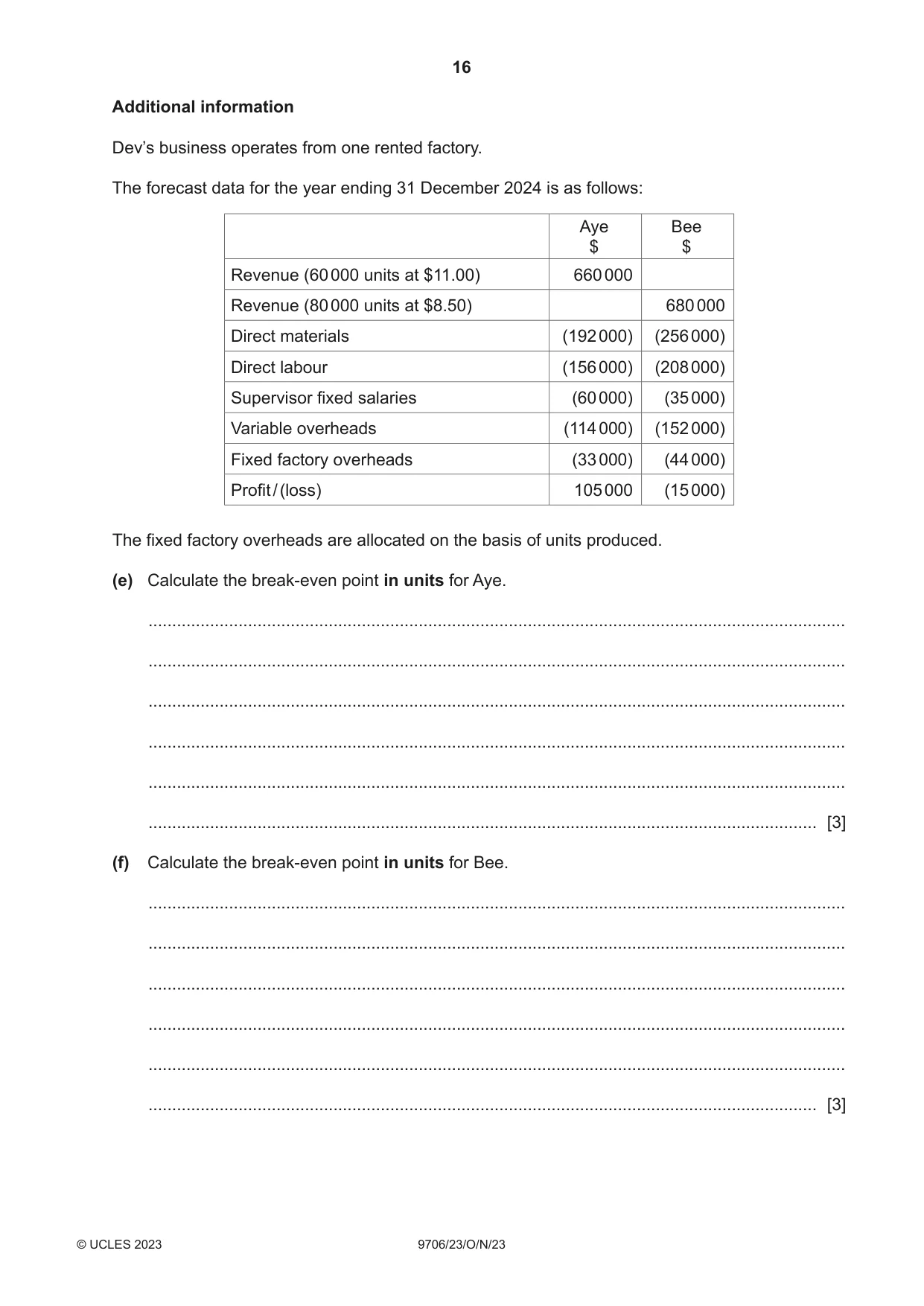 Cambridge A Level Accounting 9706 2023 Oct/Nov Paper 2 · Variant 3 question paper, page 16 of 20