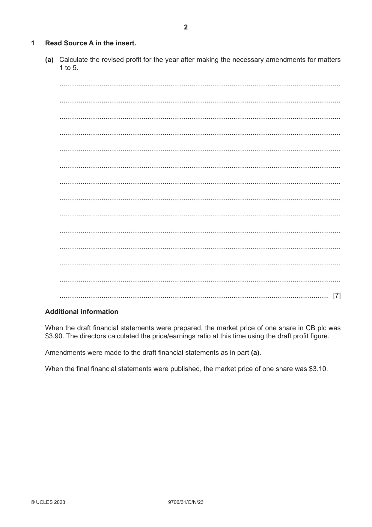 Cambridge A Level Accounting 9706 2023 Oct/Nov Paper 3 · Variant 1 question paper, page 2 of 12